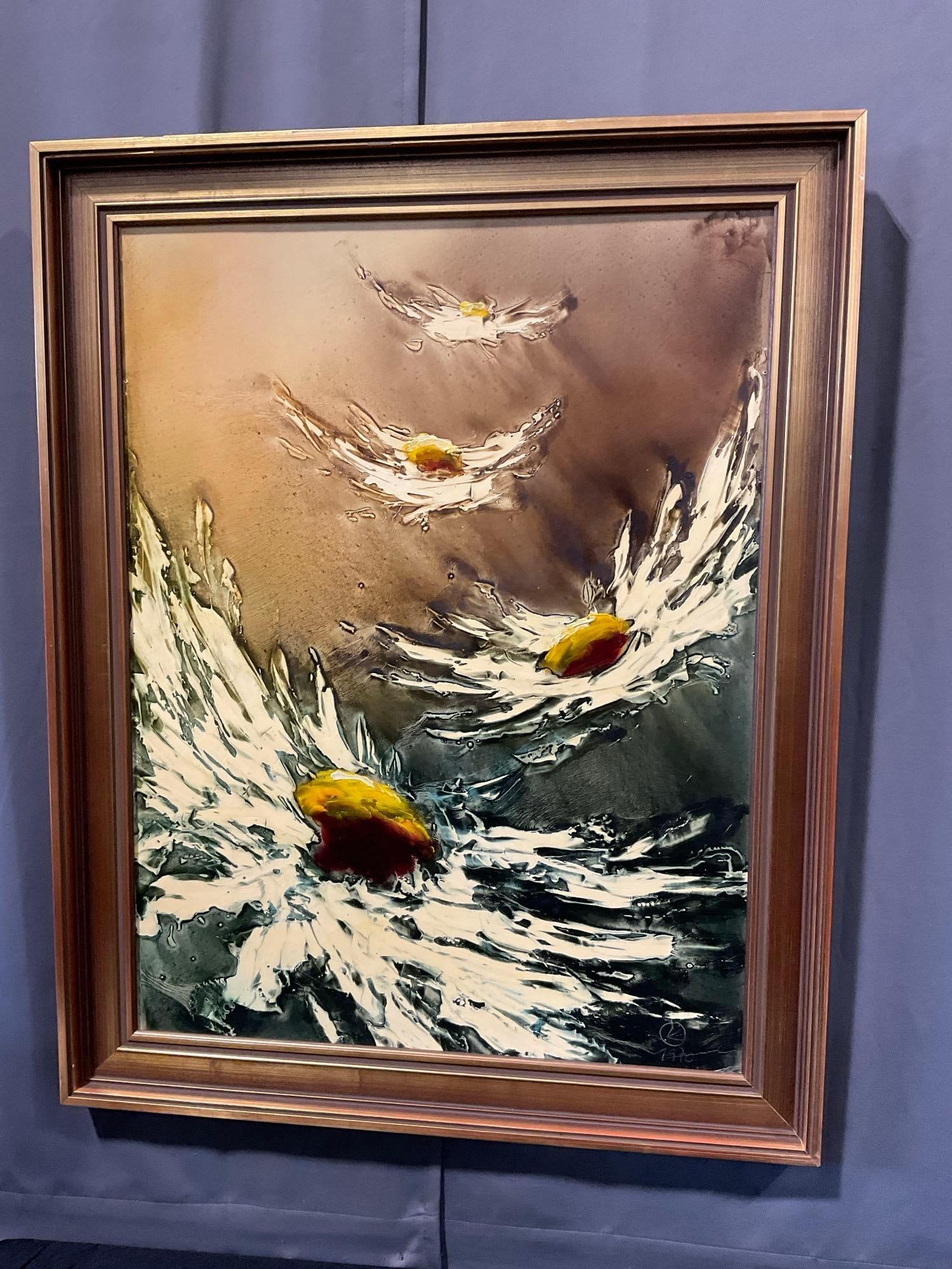 Framed 1970 Original Signed Abstract Daisies Floral piece, heavy paint, 37x29 inches - 2