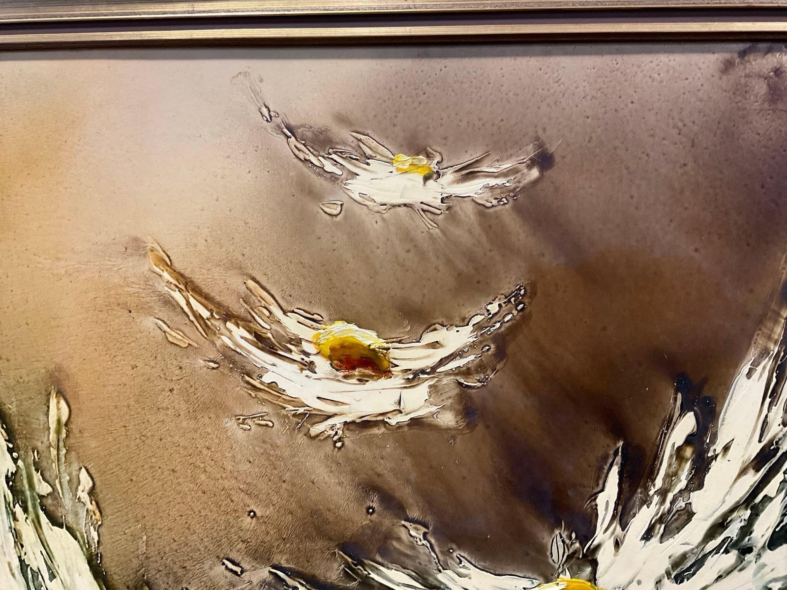 Framed 1970 Original Signed Abstract Daisies Floral piece, heavy paint, 37x29 inches - 3