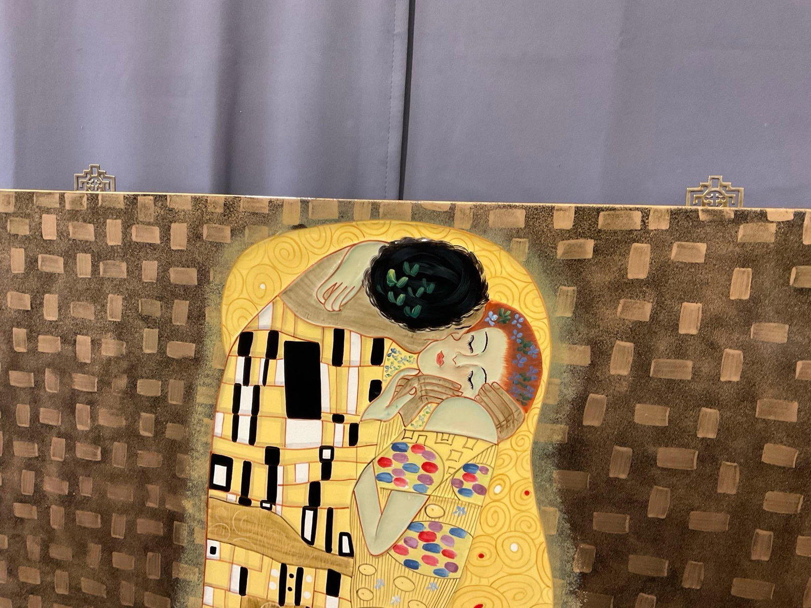 Framed Reproduction of The Kiss by Gustav Klimt, on Board, approx 37x36 inches Metallic finish - 2