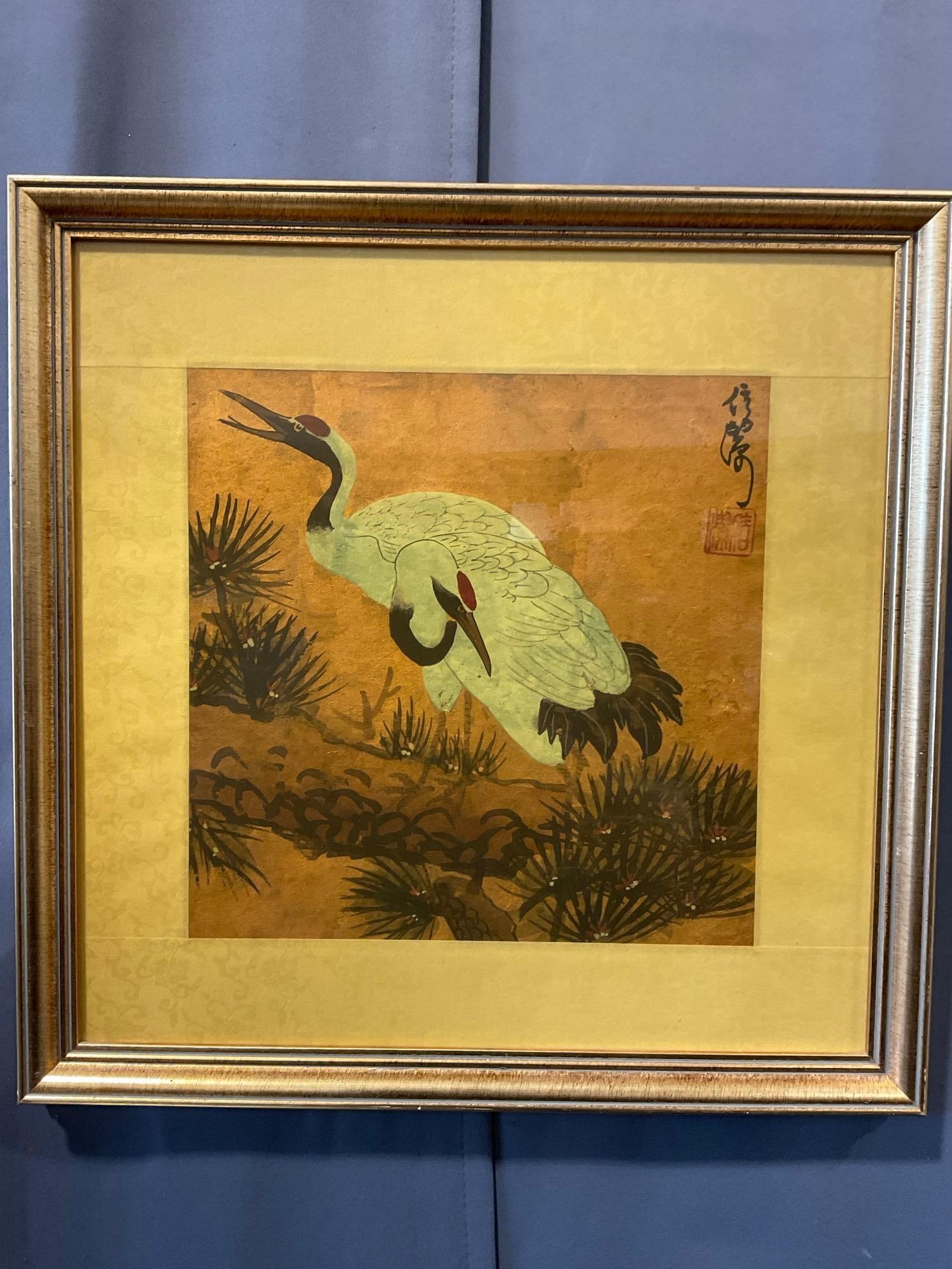 Vintage Chinese Painting on Rice Paper, Cranes, Yellow tone background, 18x18x3 inches: Appears to be in good shape. The piece measures approx 18h x 18w x 3d inches. See pics. E-6080