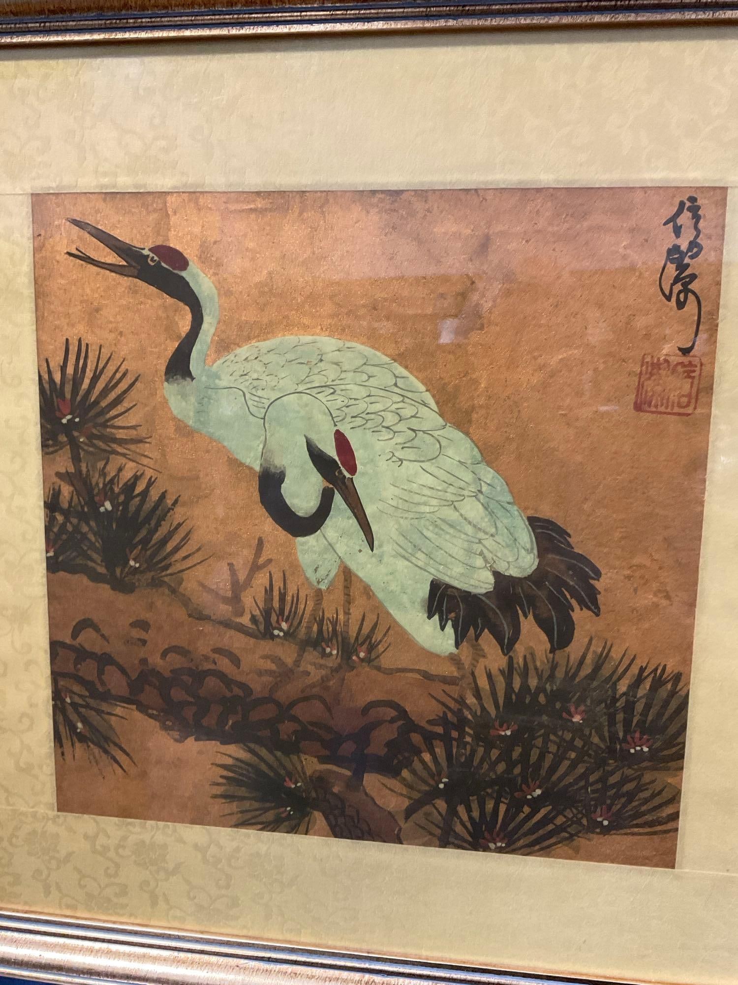Vintage Chinese Painting on Rice Paper, Cranes, Yellow tone background, 18x18x3 inches - 2