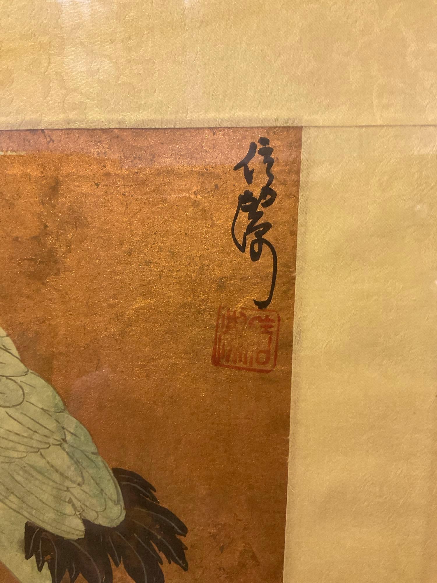 Vintage Chinese Painting on Rice Paper, Cranes, Yellow tone background, 18x18x3 inches - 3