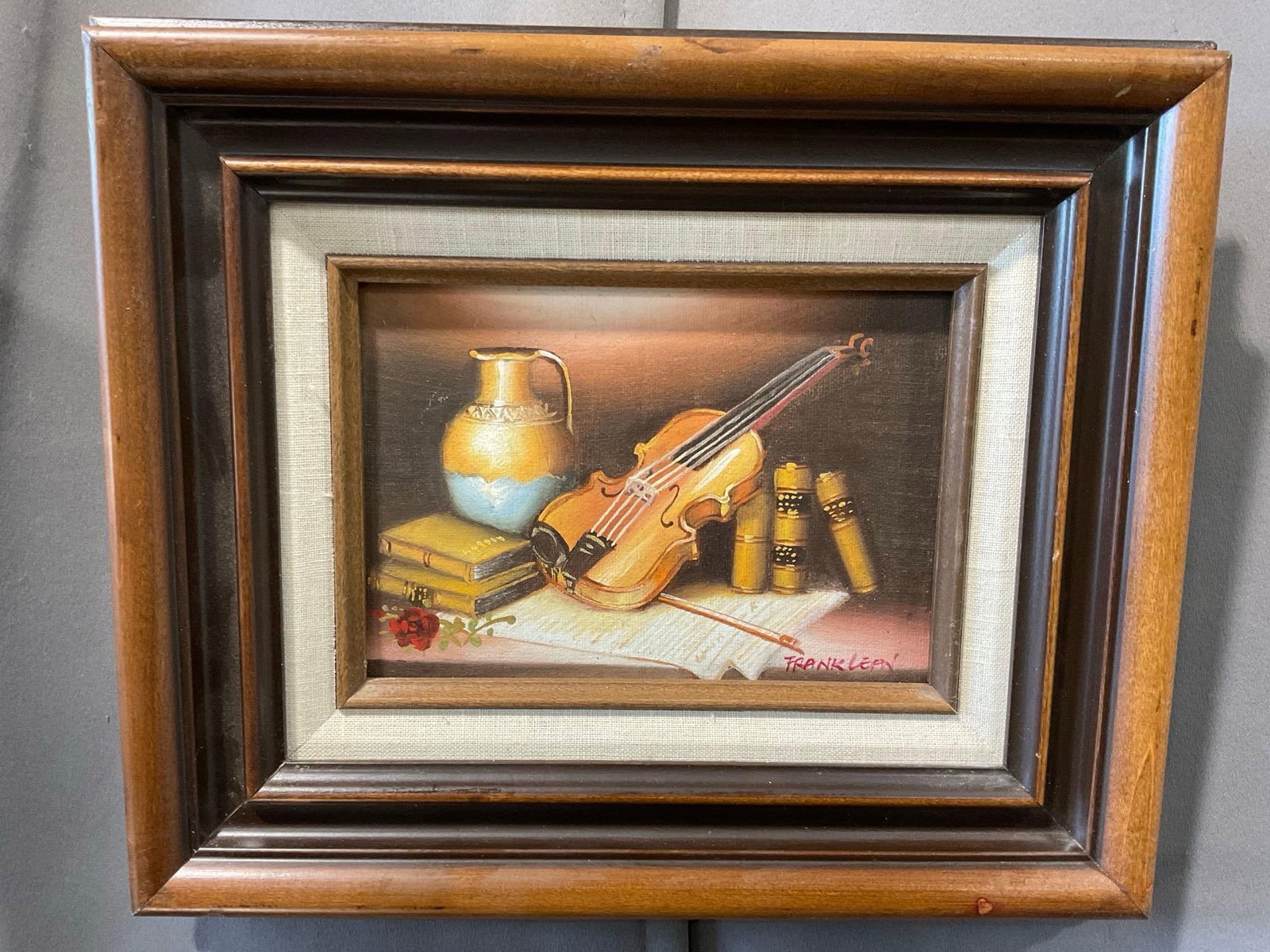 Framed Signed Original painting on Canvas, Still Life, w/Violin by Frank Lean, 11x13 inches: Appears to be in good shape. The piece measures approx 11h x 13w x 4d inches. See pics. E-6080