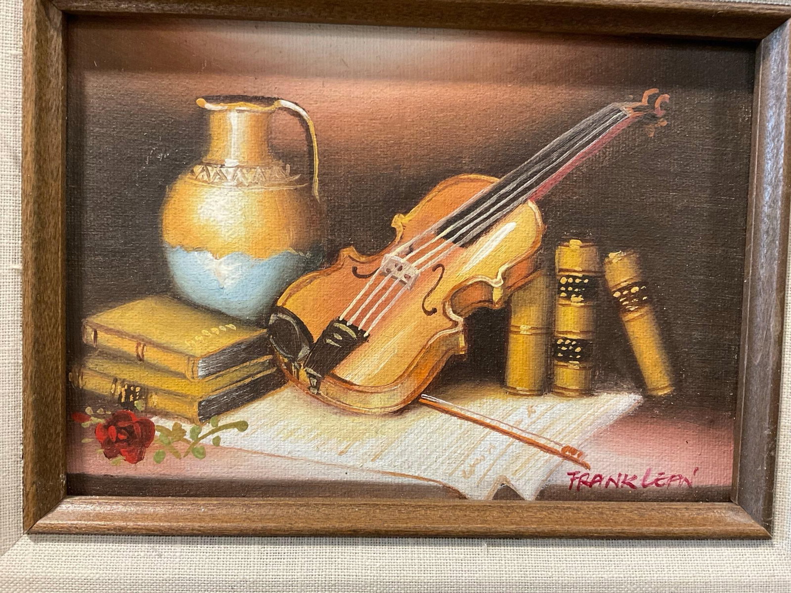 Framed Signed Original painting on Canvas, Still Life, w/Violin by Frank Lean, 11x13 inches - 2