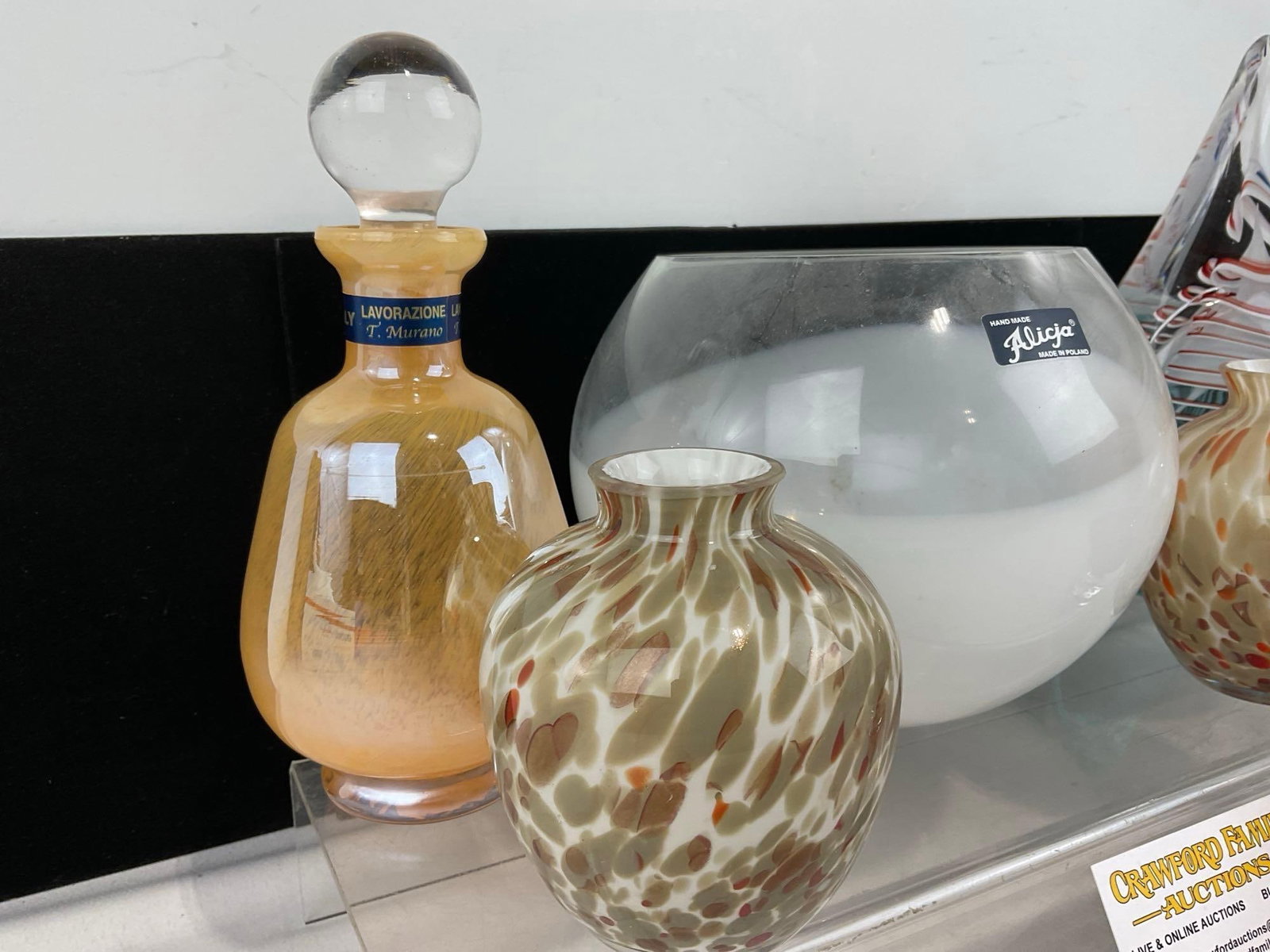 Asst. Art Glass, F. Murano Perfume Bottle, 2 Yankee Candle vases, F&C Crystal Paperweight, & Krosno - 2