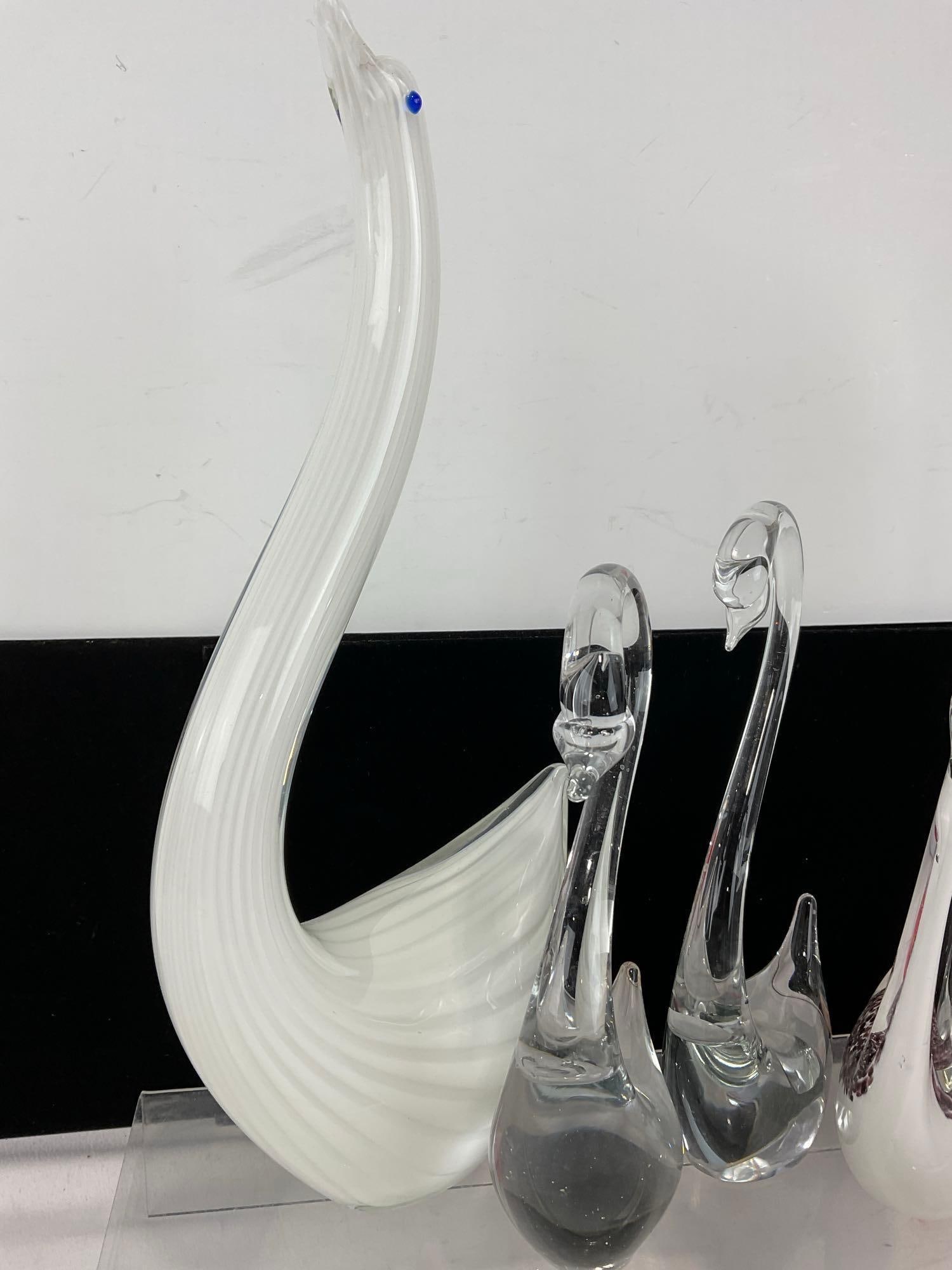 5 Glass Swan Figures, Murano Red & Clear, 2 Clear, 1x Purple Dot on White, & 1x White Streaks - 2