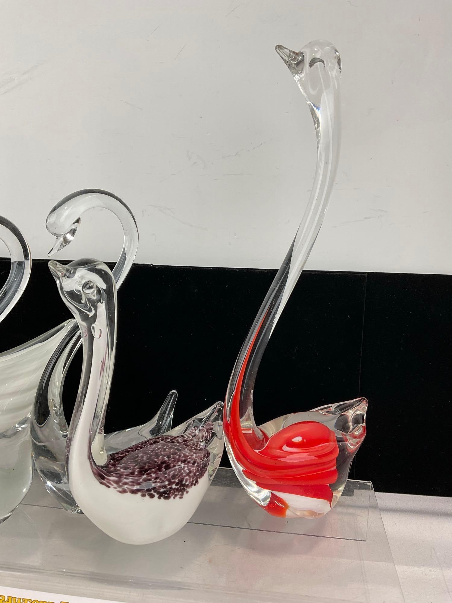 5 Glass Swan Figures, Murano Red & Clear, 2 Clear, 1x Purple Dot on White, & 1x White Streaks - 3