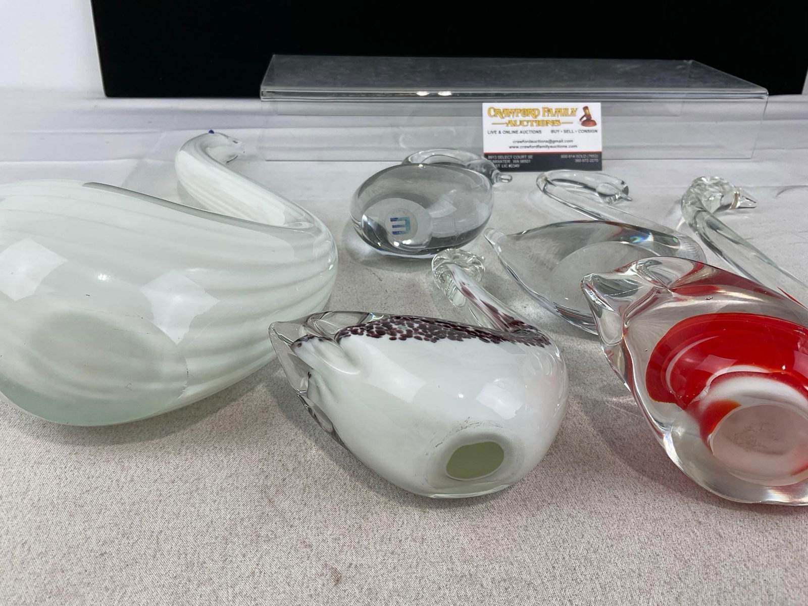 5 Glass Swan Figures, Murano Red & Clear, 2 Clear, 1x Purple Dot on White, & 1x White Streaks - 5