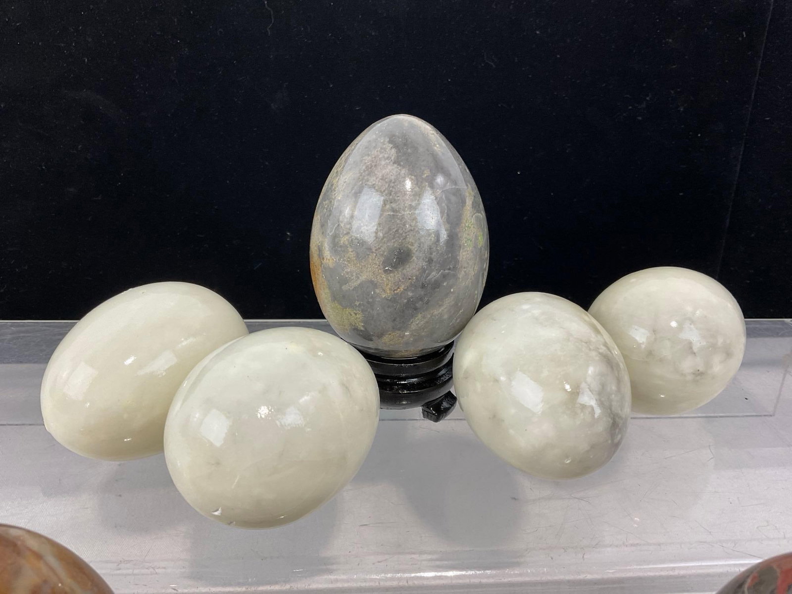 9 Stone Eggs, w/3 small wooden stands, Alabaster/Quartz, Jasper, & more - 2