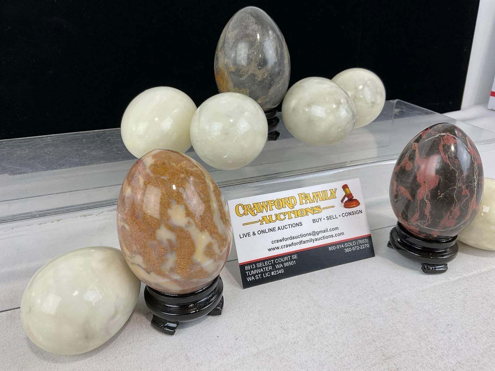 9 Stone Eggs, w/3 small wooden stands, Alabaster/Quartz, Jasper, & more - 3
