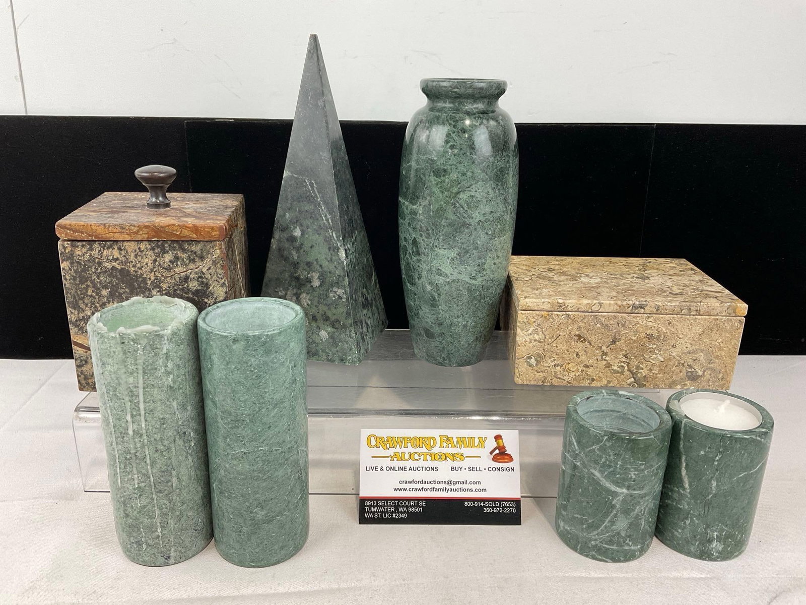 Green & Tan Marble, 4 Candleholders, Pyramid, Vase, 2 Jewelry Boxes w/lids: Appears to be in good shape. The piece measures approx 9h x 13w x 13d inches. See pics. E-6080