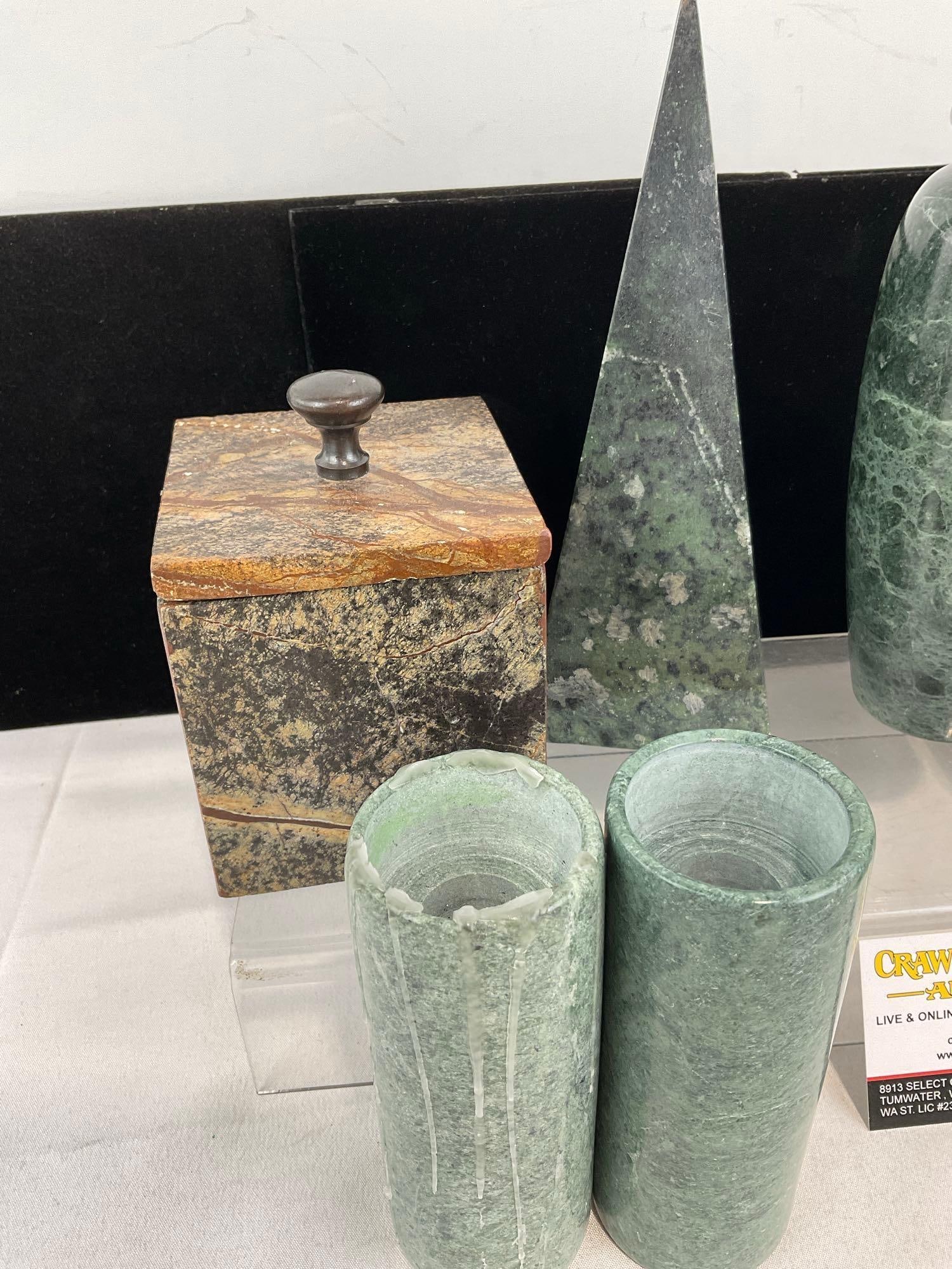 Green & Tan Marble, 4 Candleholders, Pyramid, Vase, 2 Jewelry Boxes w/lids - 2
