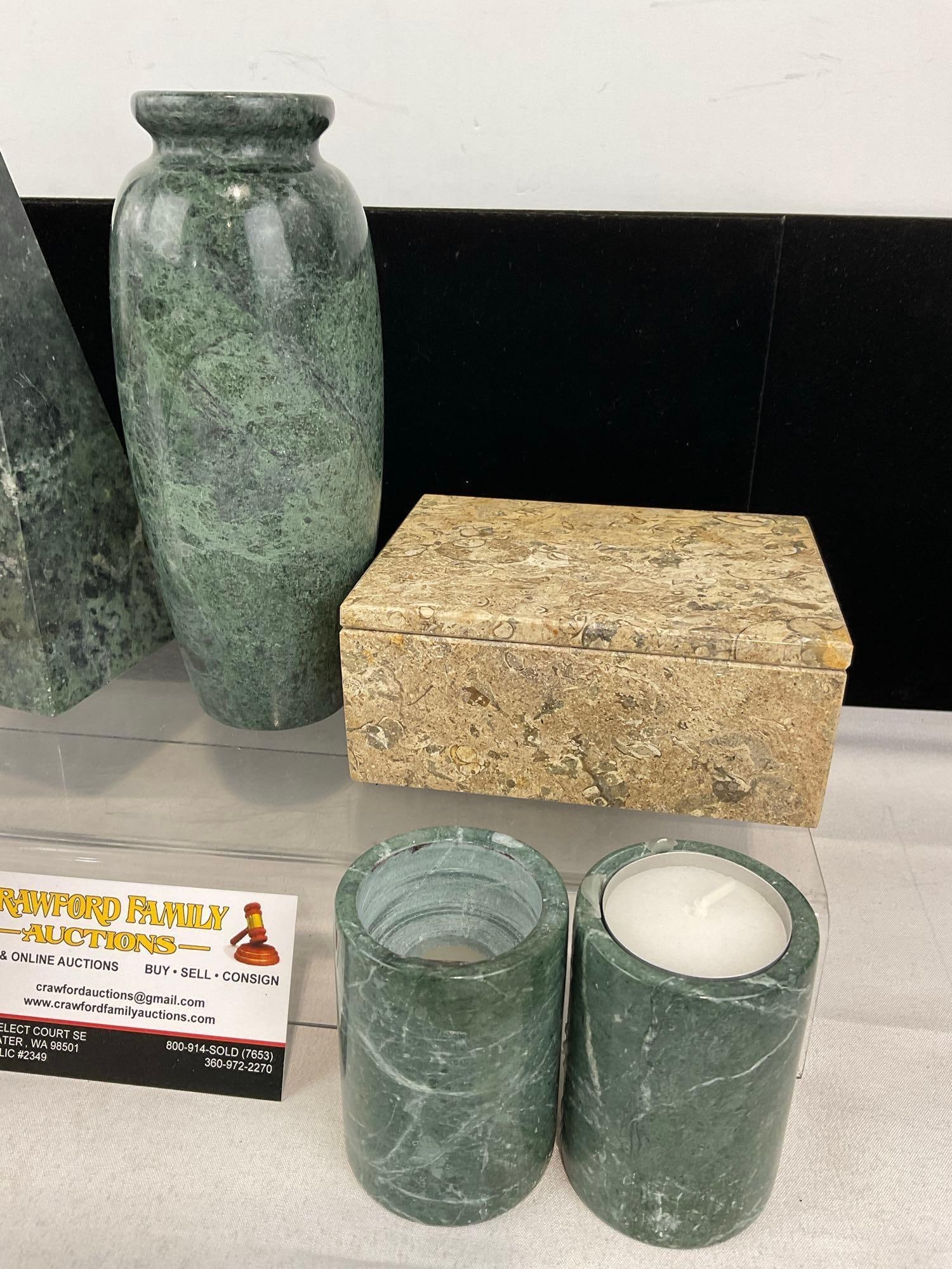 Green & Tan Marble, 4 Candleholders, Pyramid, Vase, 2 Jewelry Boxes w/lids - 3