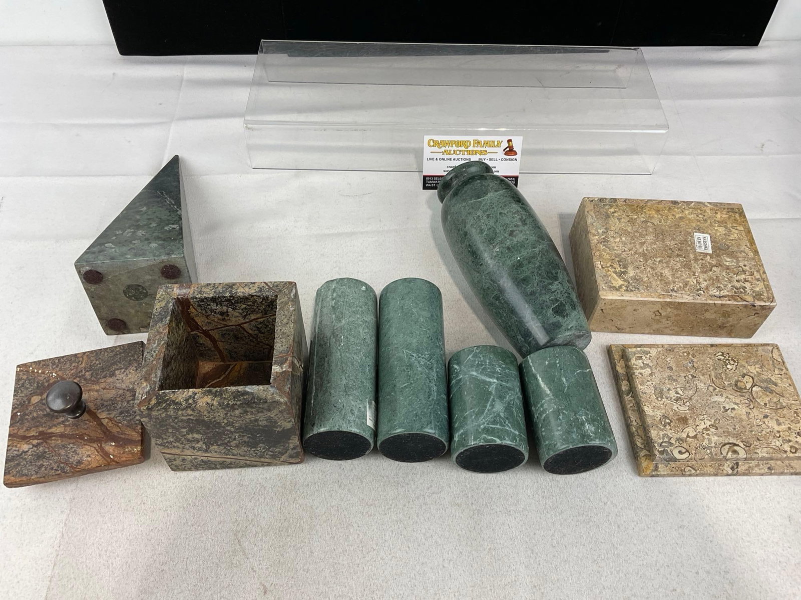 Green & Tan Marble, 4 Candleholders, Pyramid, Vase, 2 Jewelry Boxes w/lids - 4