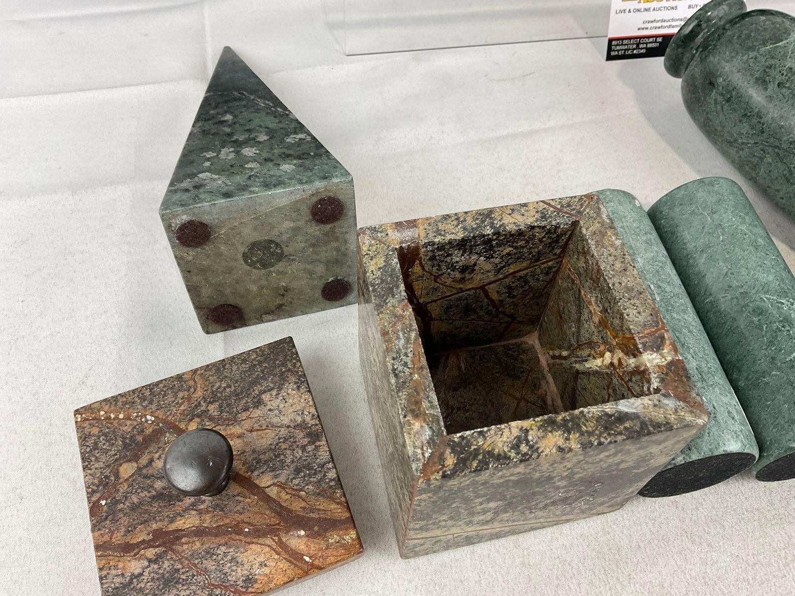 Green & Tan Marble, 4 Candleholders, Pyramid, Vase, 2 Jewelry Boxes w/lids - 5
