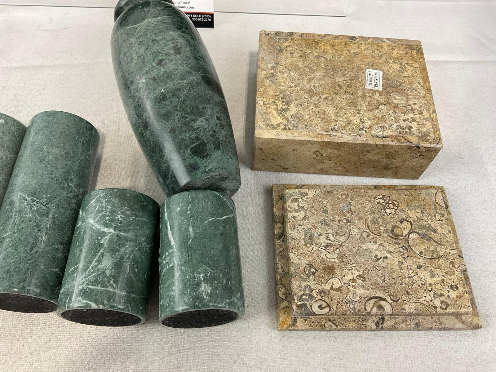 Green & Tan Marble, 4 Candleholders, Pyramid, Vase, 2 Jewelry Boxes w/lids - 6