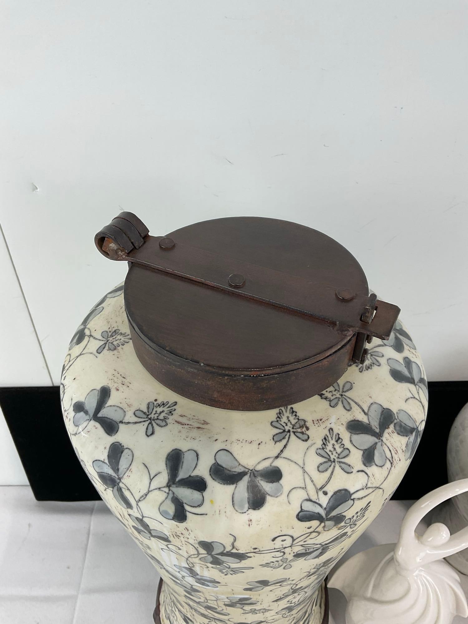 Primitive style Storage Urn w/Metal Lid, Pair of Porcelain Dancer Figures, & Crackle Glaze Vase - 2