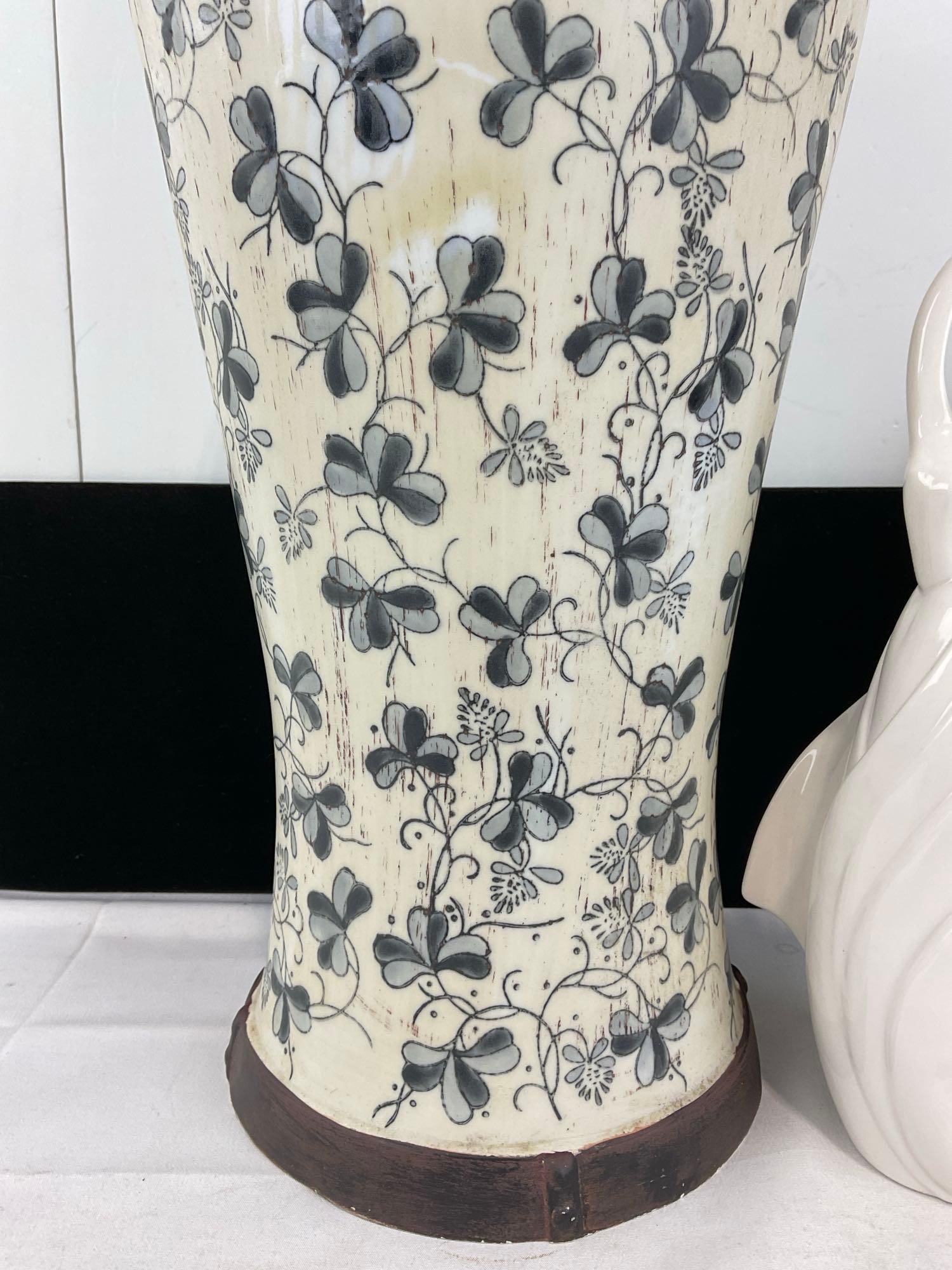 Primitive style Storage Urn w/Metal Lid, Pair of Porcelain Dancer Figures, & Crackle Glaze Vase - 3