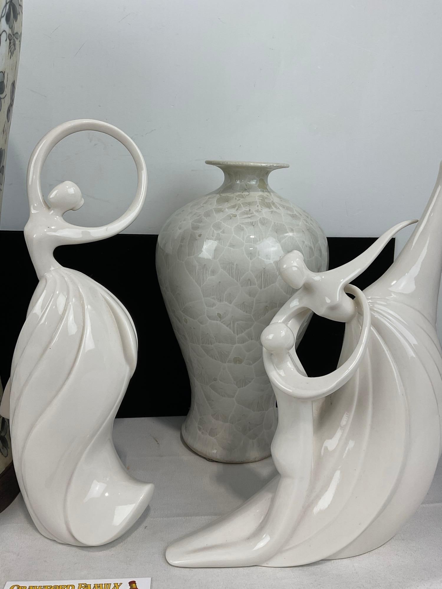 Primitive style Storage Urn w/Metal Lid, Pair of Porcelain Dancer Figures, & Crackle Glaze Vase - 4