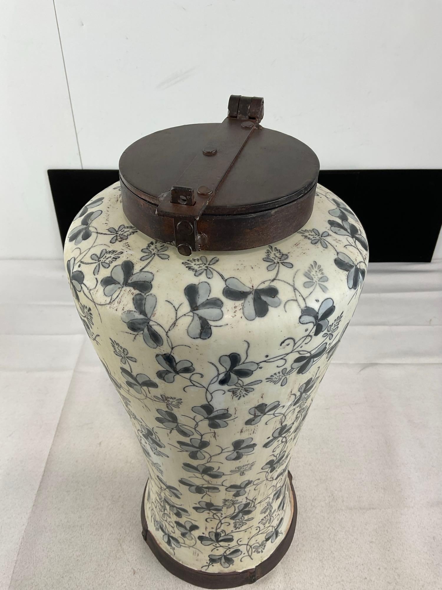 Primitive style Storage Urn w/Metal Lid, Pair of Porcelain Dancer Figures, & Crackle Glaze Vase - 9