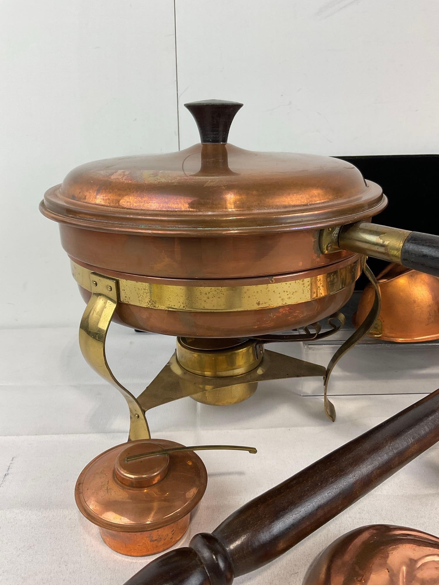 Copper & Brass Chafing Dish w/stand, Lidded Bowl, Bed Warmer w/handle, 3 Jelly Molds - 2