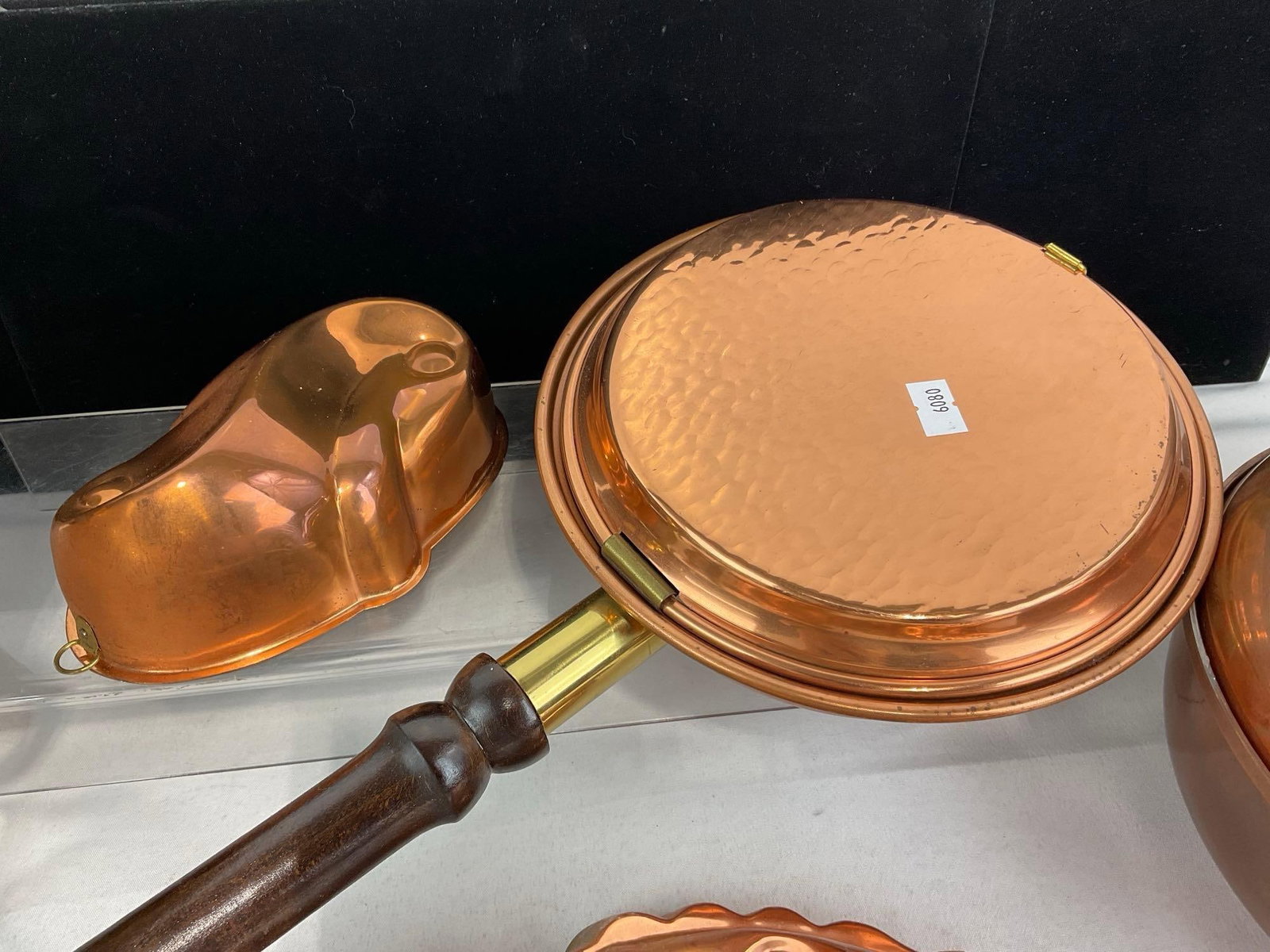 Copper & Brass Chafing Dish w/stand, Lidded Bowl, Bed Warmer w/handle, 3 Jelly Molds - 3