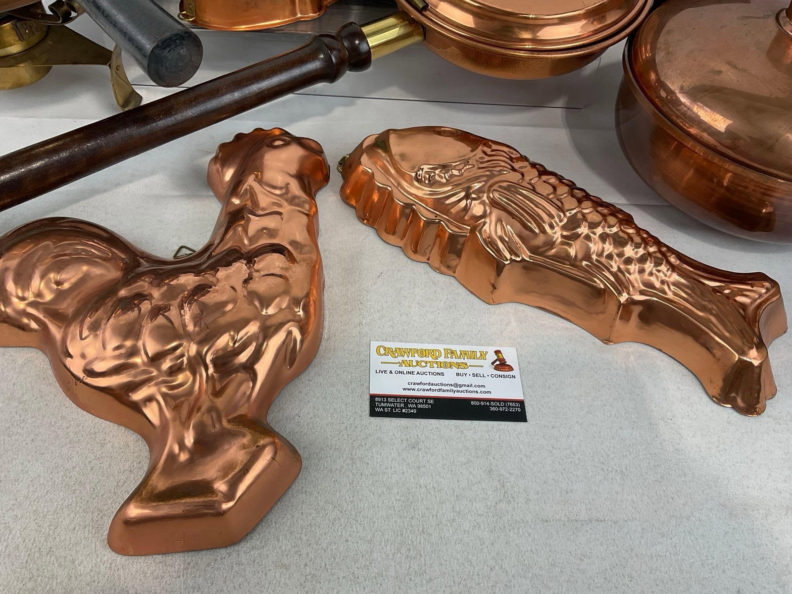 Copper & Brass Chafing Dish w/stand, Lidded Bowl, Bed Warmer w/handle, 3 Jelly Molds - 4