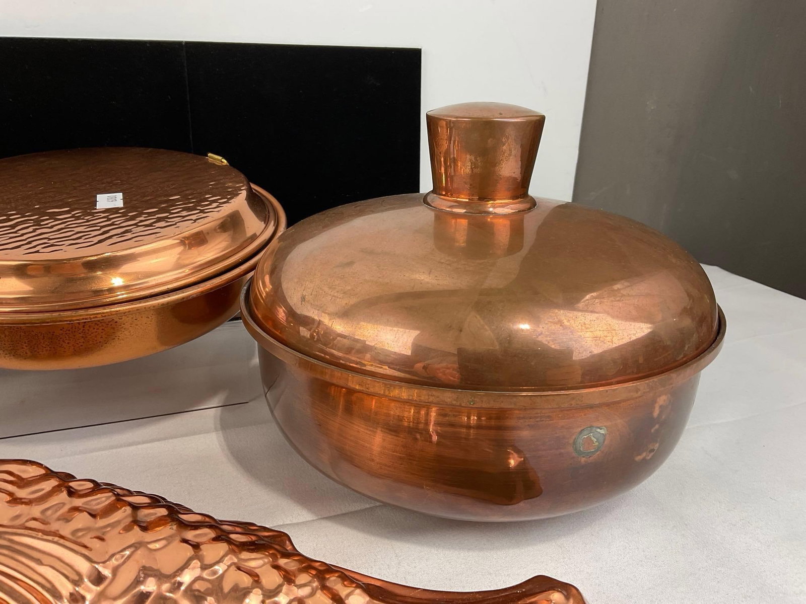 Copper & Brass Chafing Dish w/stand, Lidded Bowl, Bed Warmer w/handle, 3 Jelly Molds - 5