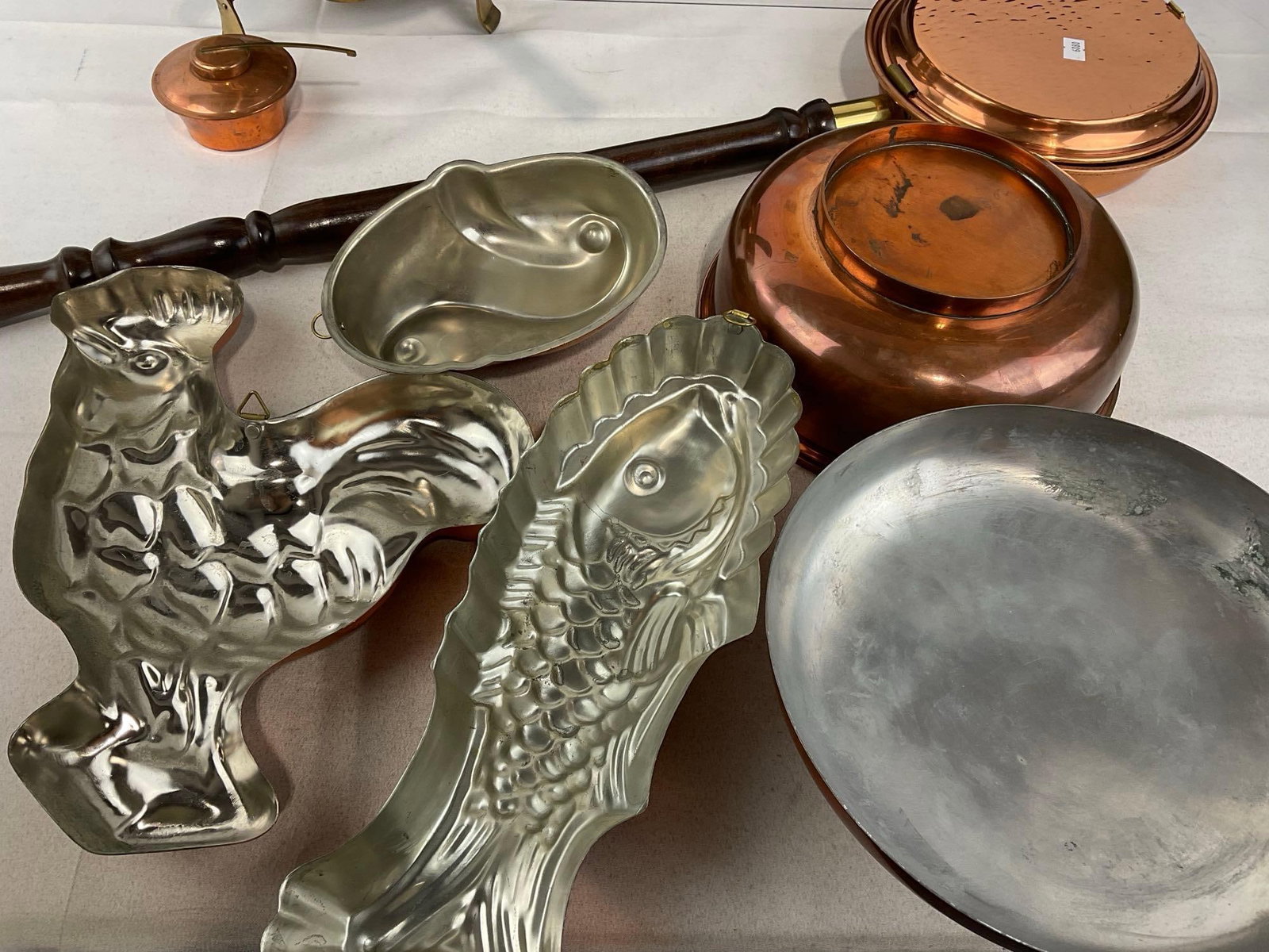 Copper & Brass Chafing Dish w/stand, Lidded Bowl, Bed Warmer w/handle, 3 Jelly Molds - 6