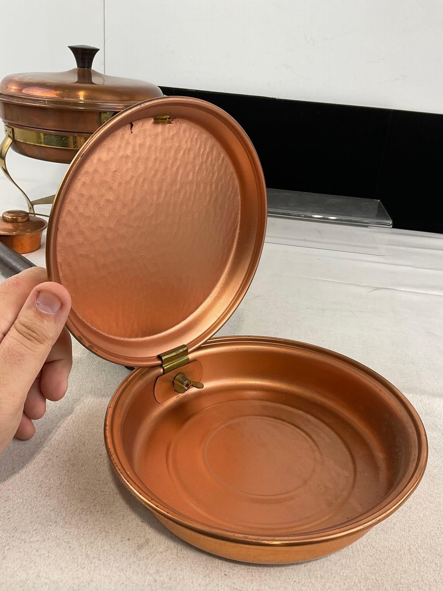 Copper & Brass Chafing Dish w/stand, Lidded Bowl, Bed Warmer w/handle, 3 Jelly Molds - 7
