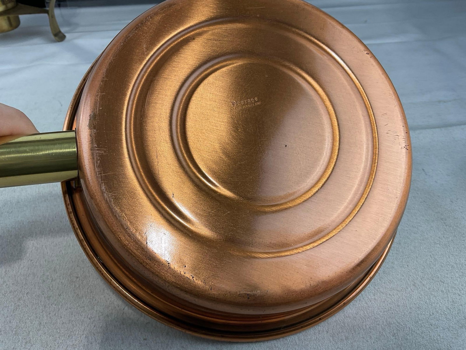 Copper & Brass Chafing Dish w/stand, Lidded Bowl, Bed Warmer w/handle, 3 Jelly Molds - 8