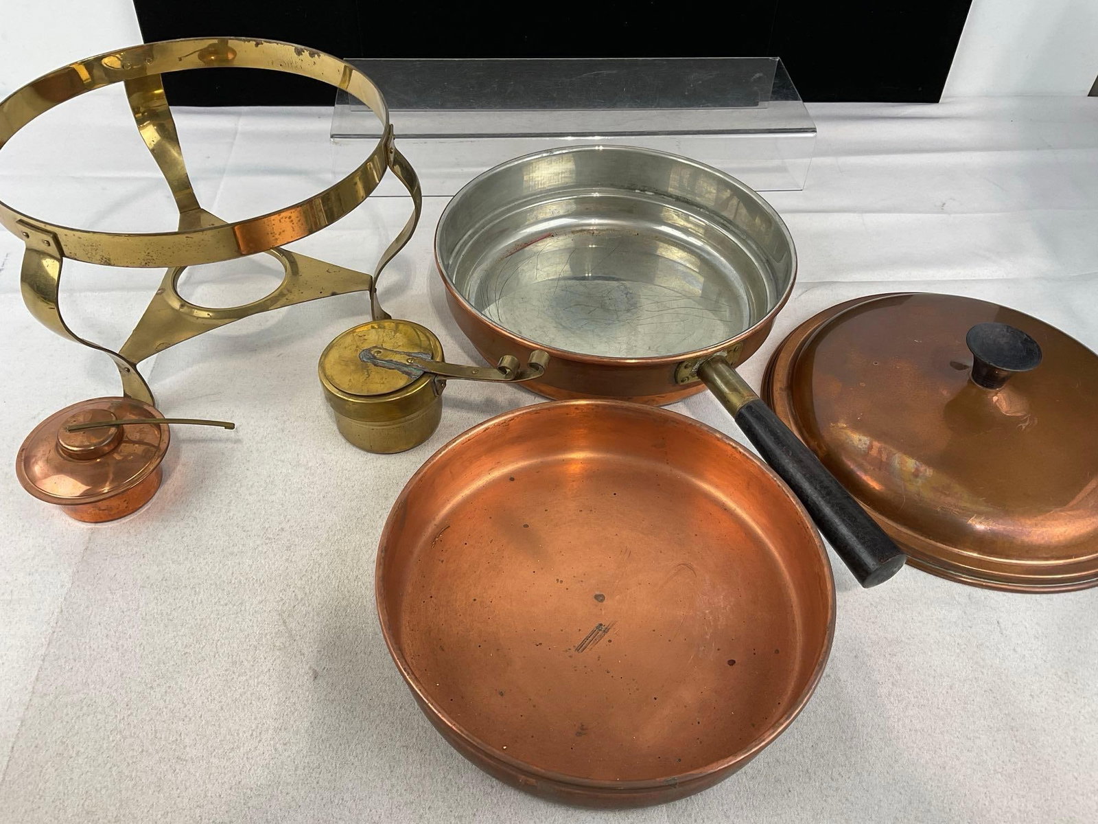 Copper & Brass Chafing Dish w/stand, Lidded Bowl, Bed Warmer w/handle, 3 Jelly Molds - 9