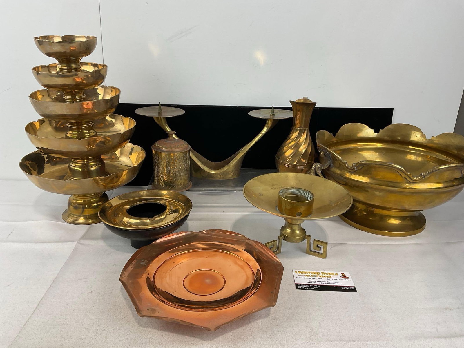 Asst. Brass, Set of 5 Graduated Footed Bowls, Ashtray, Dual Candleholder, Lovely Small Pitcher, &...: Large Bowl w/rings, Copper Candle plate. Appears to be in good shape. The pieces fit in a box that measures approx 14h x 17w x 14d inches. See pics. E-6080