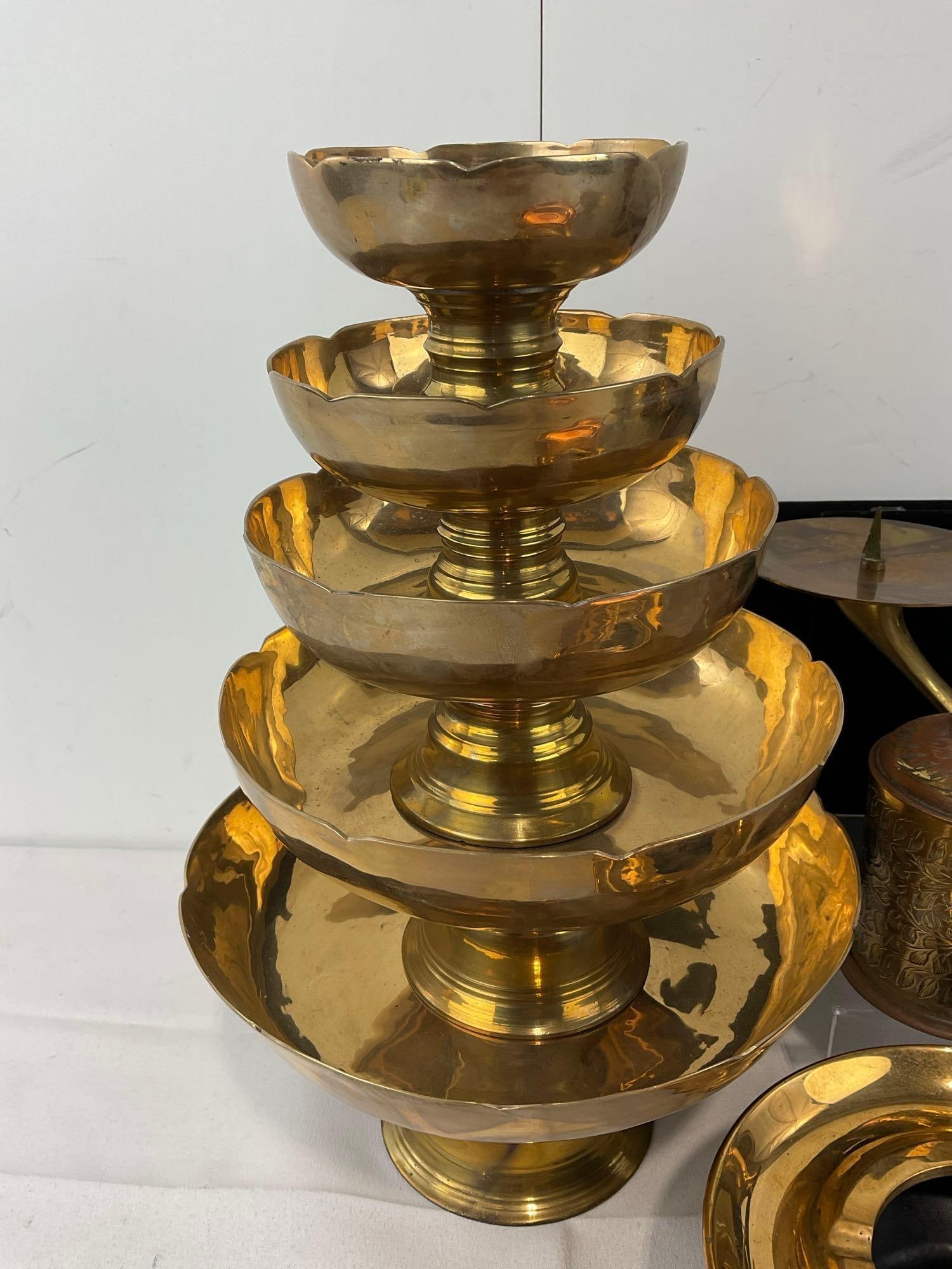 Asst. Brass, Set of 5 Graduated Footed Bowls, Ashtray, Dual Candleholder, Lovely Small Pitcher, &... - 2