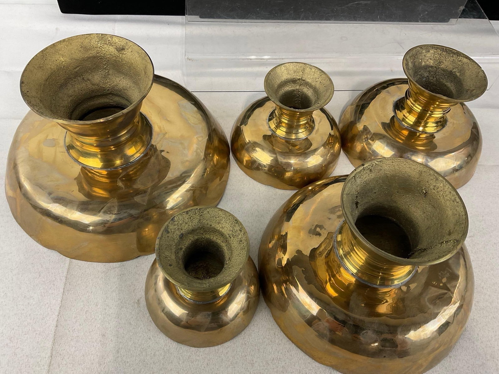 Asst. Brass, Set of 5 Graduated Footed Bowls, Ashtray, Dual Candleholder, Lovely Small Pitcher, &... - 5