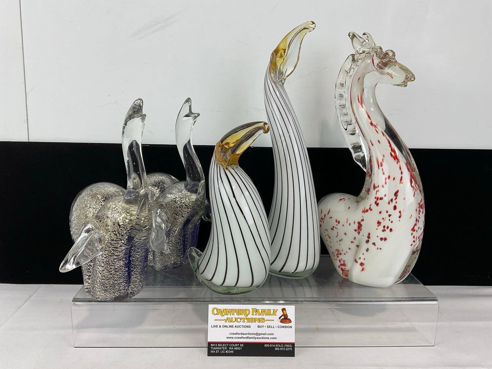 5 Murano Style Handblown Art Glass Figures, Pair of Elephants, 2 Parrots ,& Horse w/Red Specks: Appears to be in good shape. The piece measures approx 14h x 17w x 14d inches. See pics. E-6080