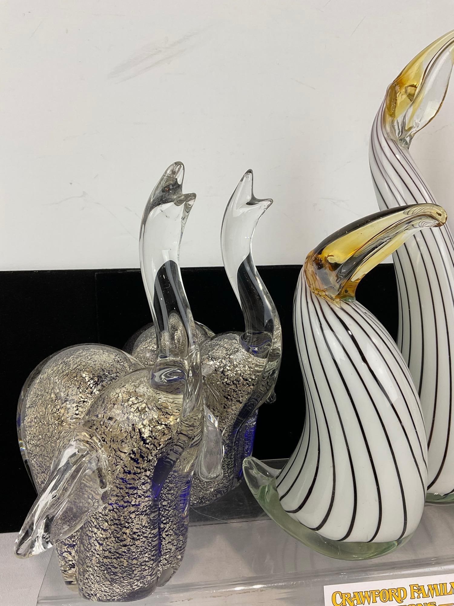5 Murano Style Handblown Art Glass Figures, Pair of Elephants, 2 Parrots ,& Horse w/Red Specks - 3