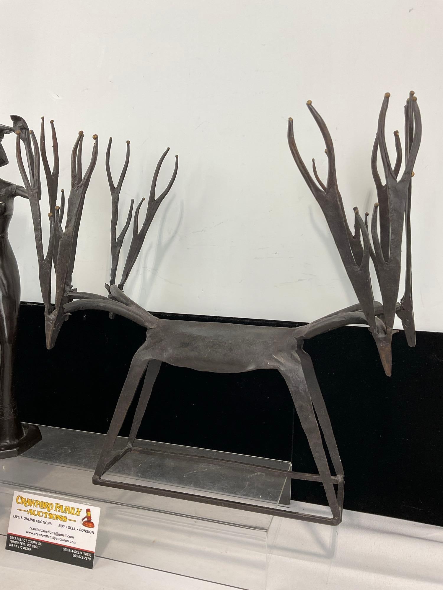 Copper Swan, 2 Cat Figures, Woman w/Water Jug, & Brutalist Deer Art Sculpture - 2