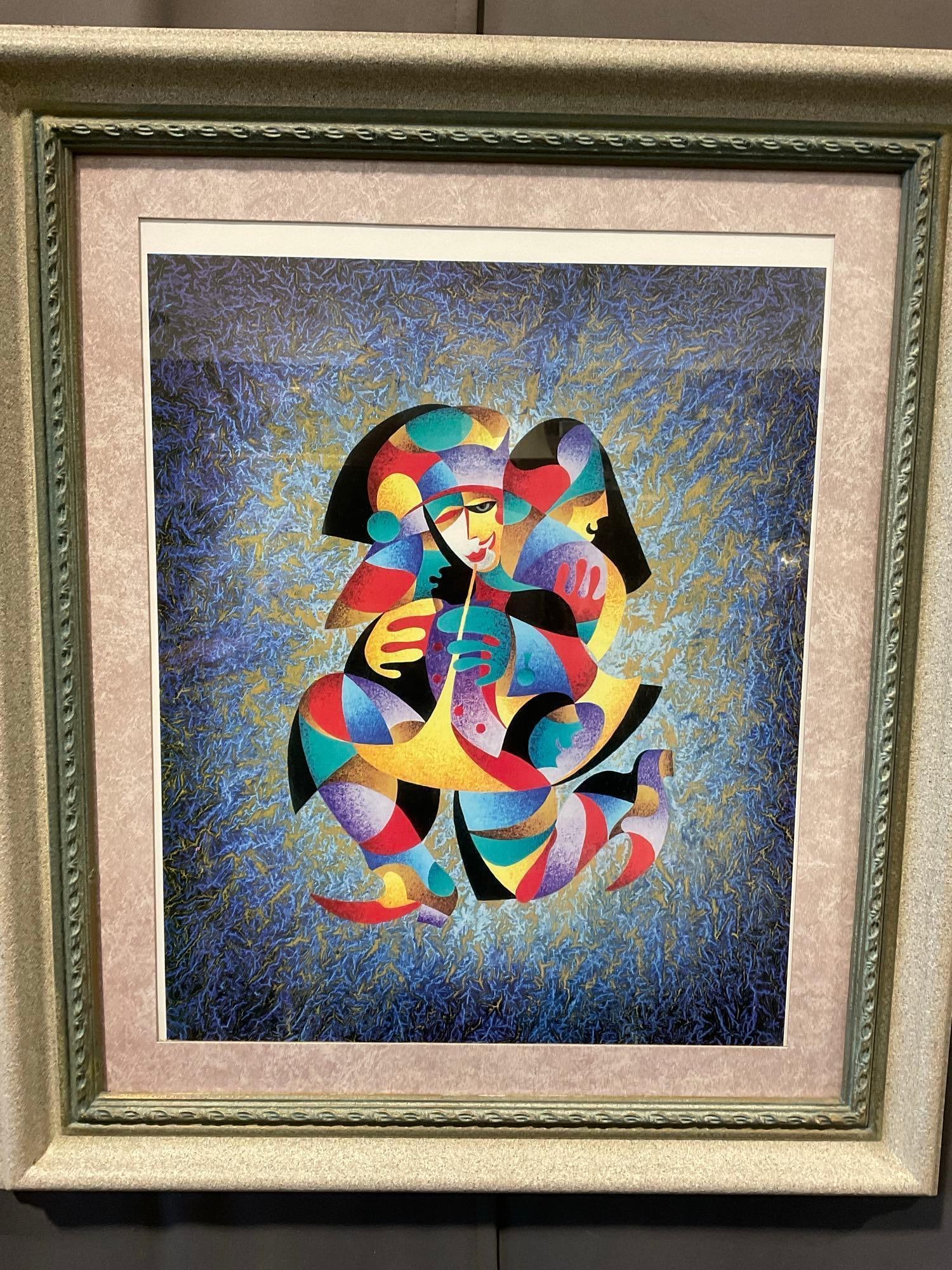 Framed Lithograph titled Play That Horn II, by Anatole Krasnyansky, 30x26 inches: Possibly signed & numbered below the matting. Appears to be in good shape. The piece measures approx 30h x 26w x 3d inches. See pics. E-5980