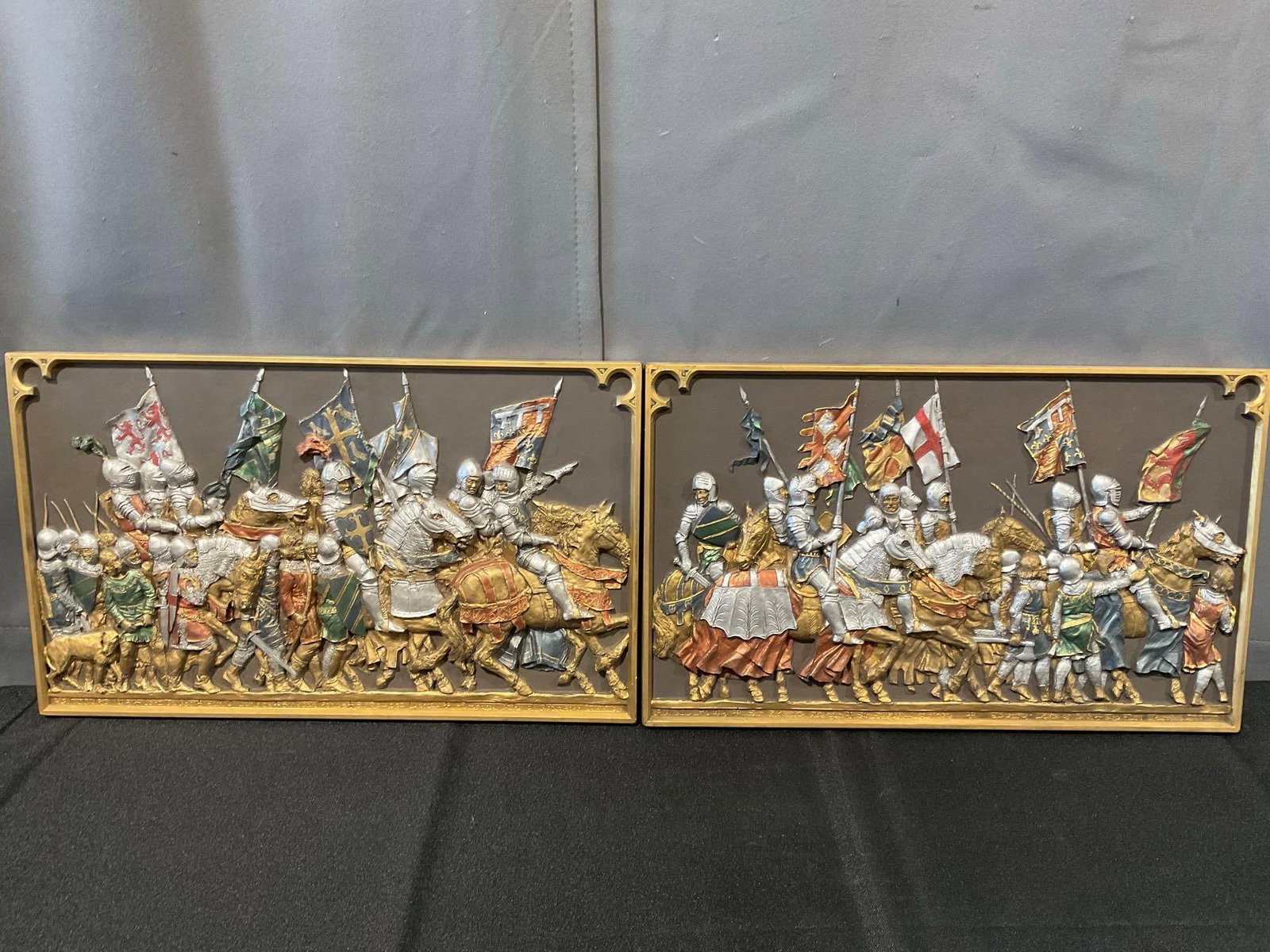 Pair of Vintage Relief Panels, handpainted Agincourt Scenes, Knights on Horses, w/flag bearers 11...: Appears to be in good shape. The pieces measures approx 11h x 17w x 3d inches. See pics. E-6080