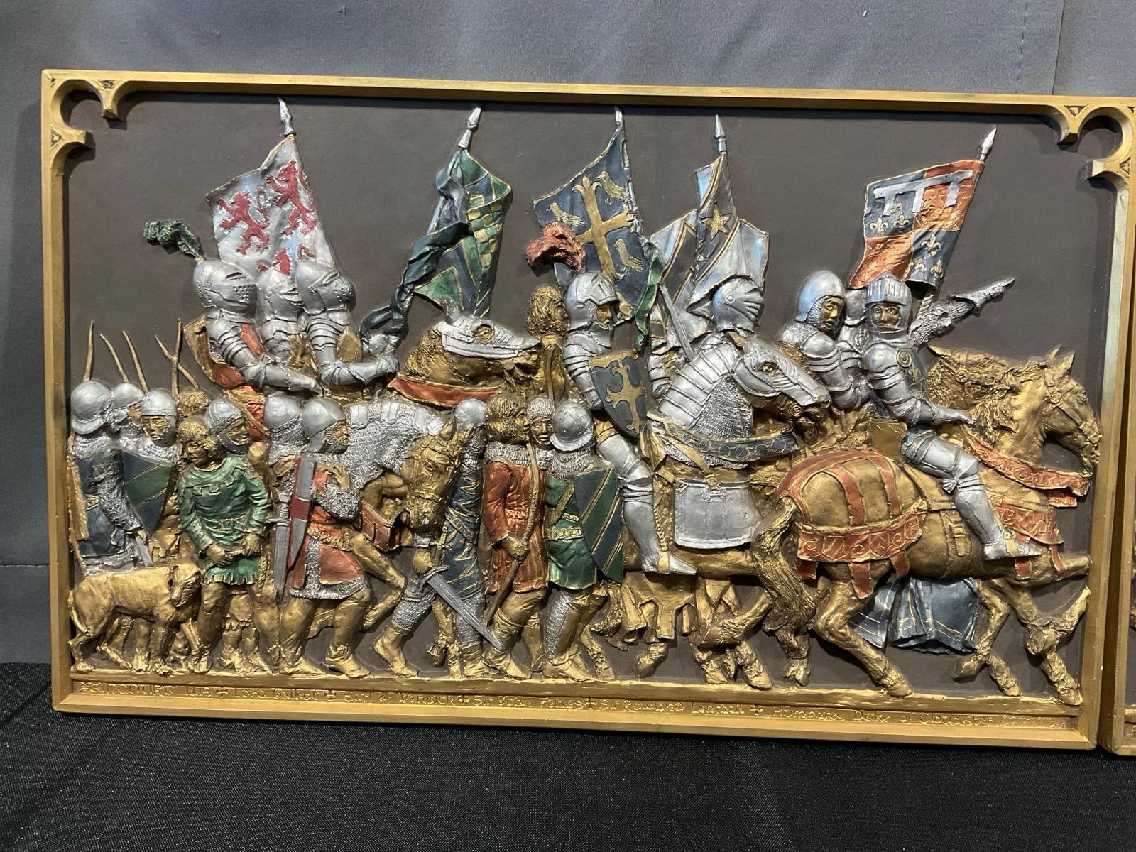 Pair of Vintage Relief Panels, handpainted Agincourt Scenes, Knights on Horses, w/flag bearers 11... - 2