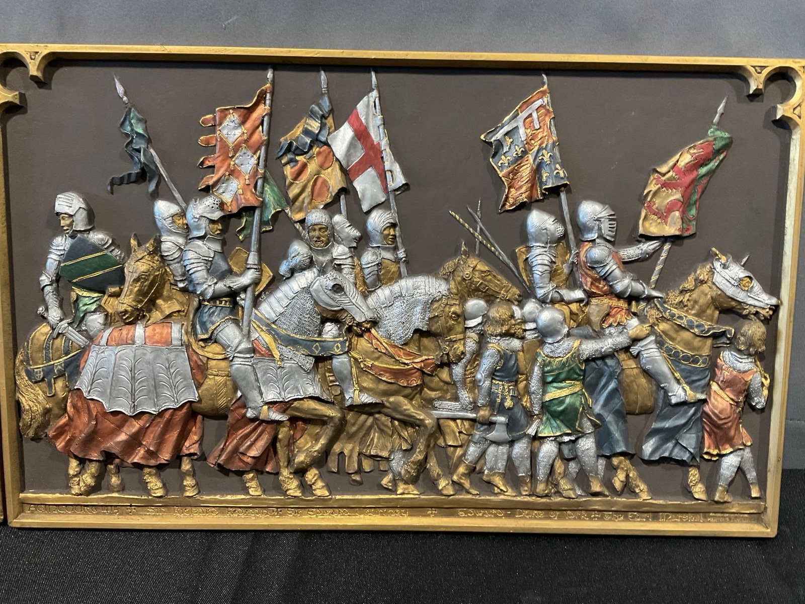 Pair of Vintage Relief Panels, handpainted Agincourt Scenes, Knights on Horses, w/flag bearers 11... - 3