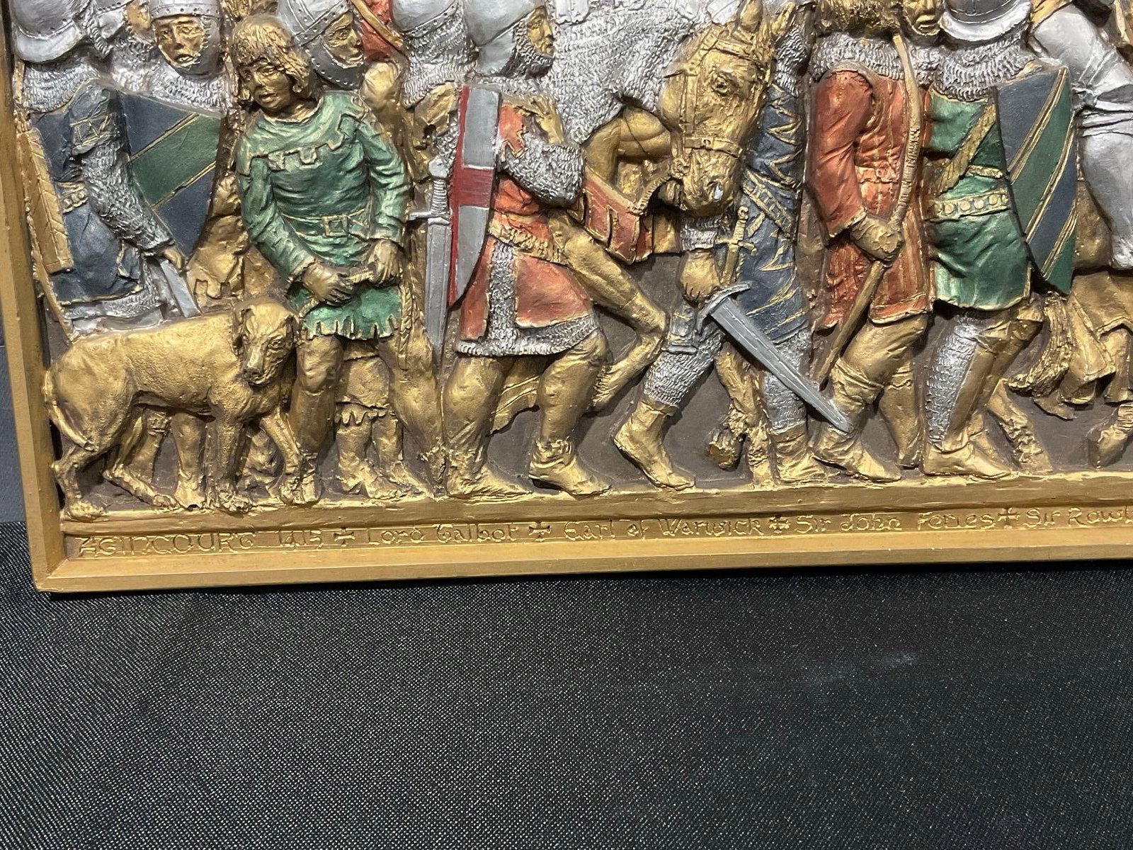 Pair of Vintage Relief Panels, handpainted Agincourt Scenes, Knights on Horses, w/flag bearers 11... - 4