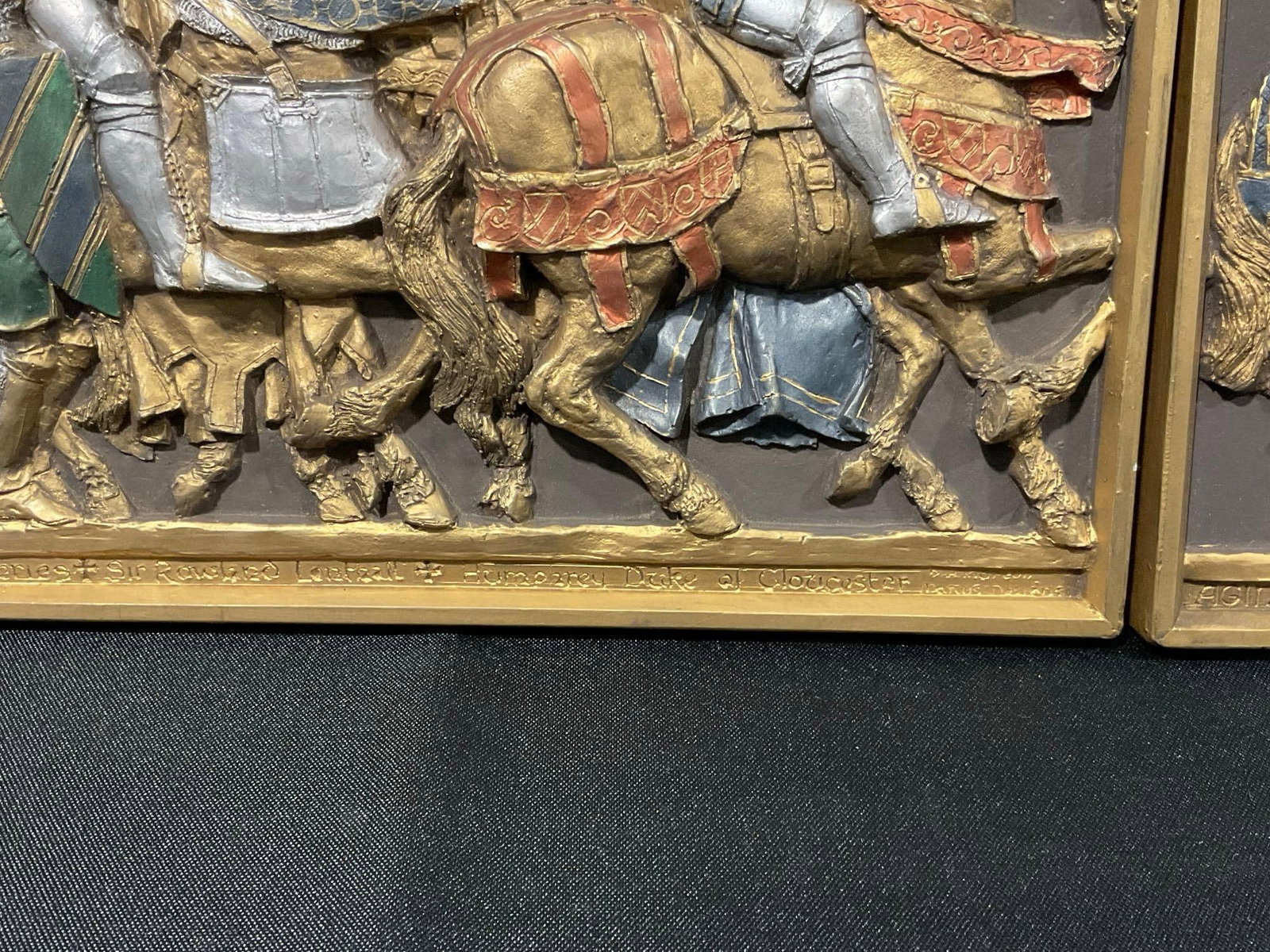Pair of Vintage Relief Panels, handpainted Agincourt Scenes, Knights on Horses, w/flag bearers 11... - 5