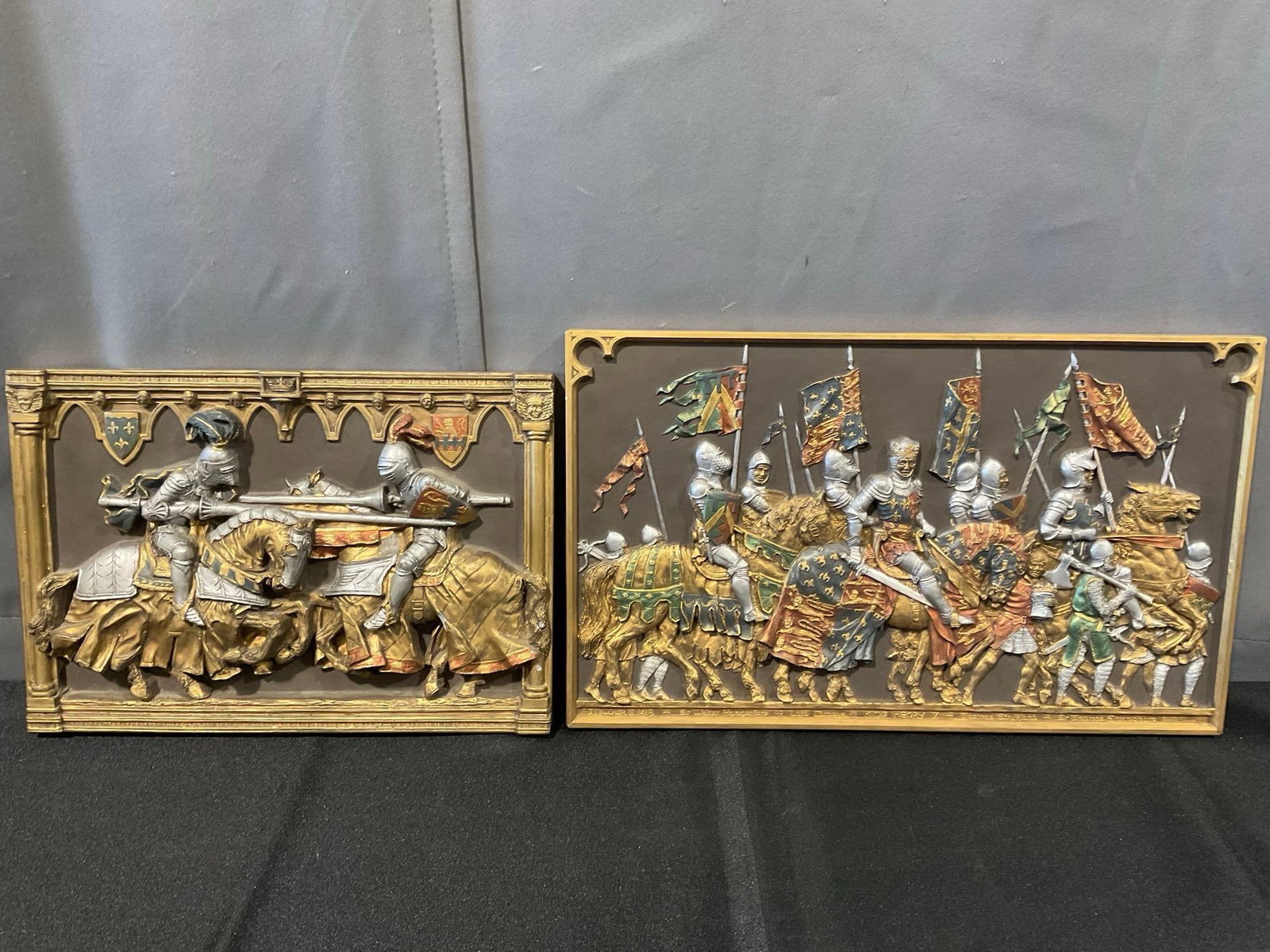 Pair of Vintage Reliefs, Jousting & Agincourt Scene, Mounted Knights, 11x17 in: Appears to be in good shape. The piece measures approx 11h x 17w x 3d inches. See pics. E-6080