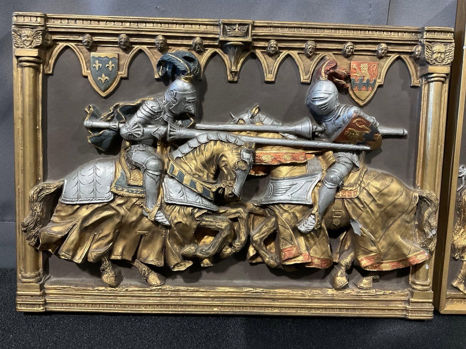 Pair of Vintage Reliefs, Jousting & Agincourt Scene, Mounted Knights, 11x17 in - 2