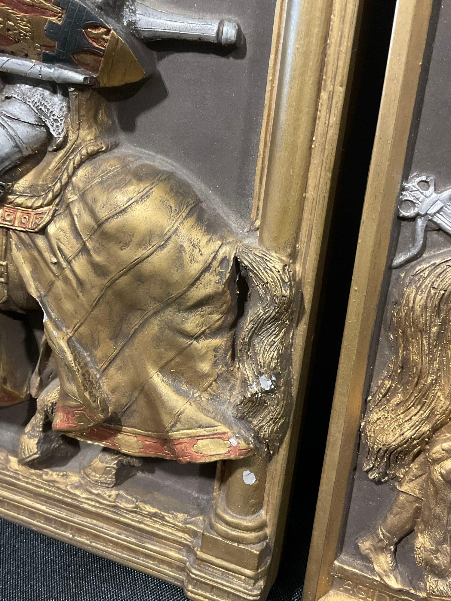 Pair of Vintage Reliefs, Jousting & Agincourt Scene, Mounted Knights, 11x17 in - 4