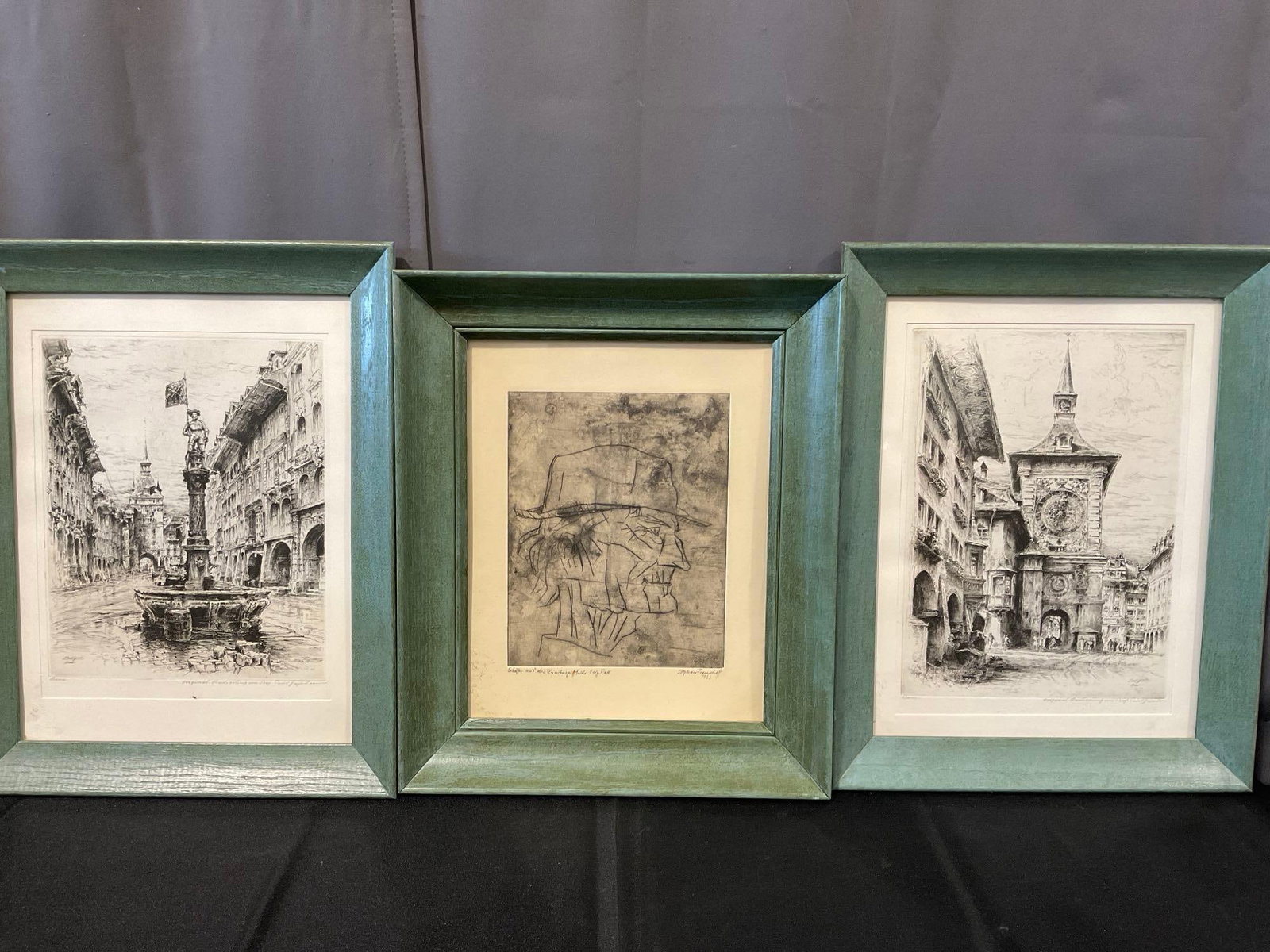 3 Framed Etchings, Zytglogge & Bern by Paul Geissler, Shepherd from the Luneburg heath by Stephan...: The middle piece looks to be titled, Shepherd from the Luneburg heath, by someone names Stephan Preuschoff 1953, or something similar. Appears to be in good shape. The piece measures approx 20h