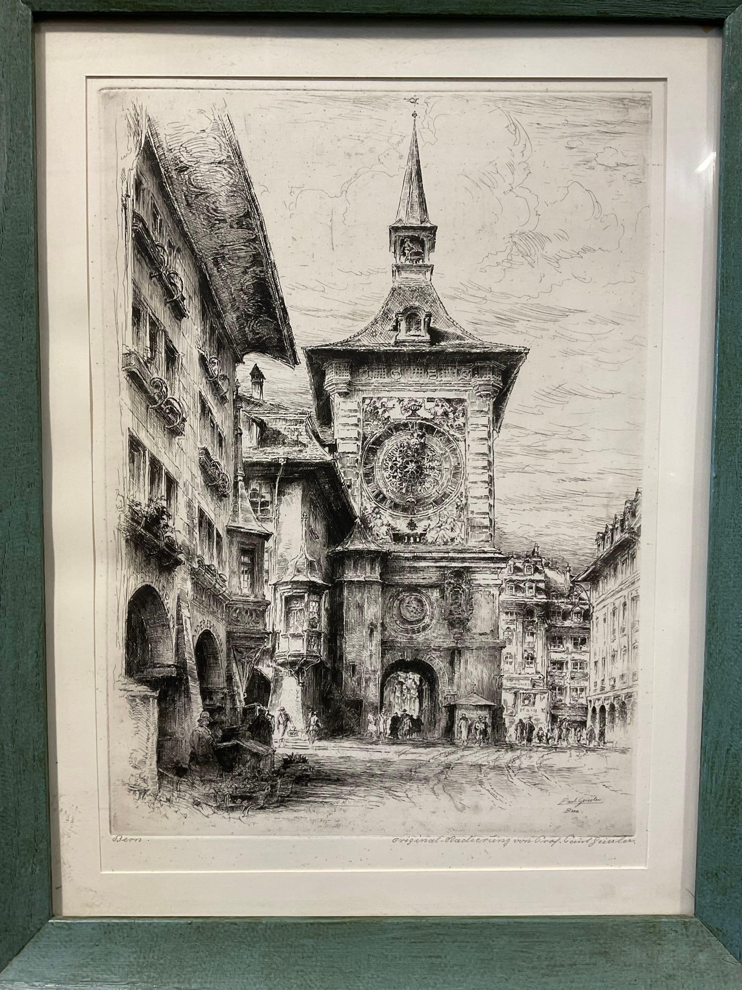 3 Framed Etchings, Zytglogge & Bern by Paul Geissler, Shepherd from the Luneburg heath by Stephan... - 2