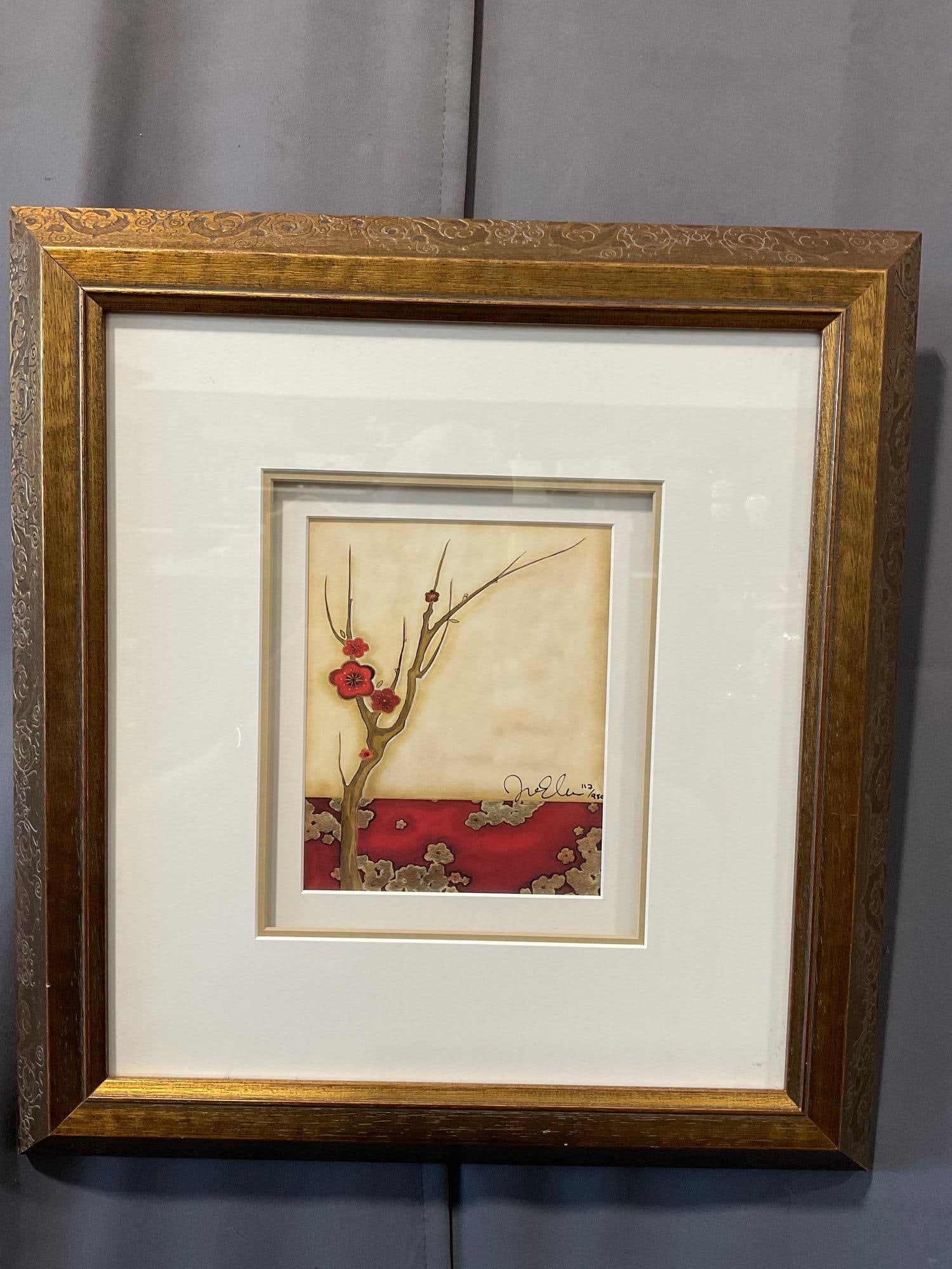 Framed Signed & #d 117/950 Lithograph, Red Plum Blossoms, 21x19 inches: Unclear who the artist is, Appears to be in good shape. The piece measures approx 21h x 19w x 4d inches. See pics. E-6080